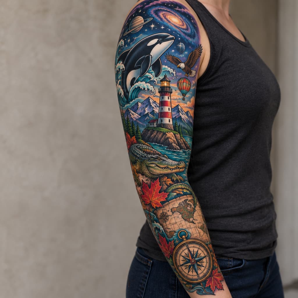 Full sleeve with orca, small flying bald eagle, lighthouse, alligator, maple leaf, mountains, small hot air balloon, space, map and compass