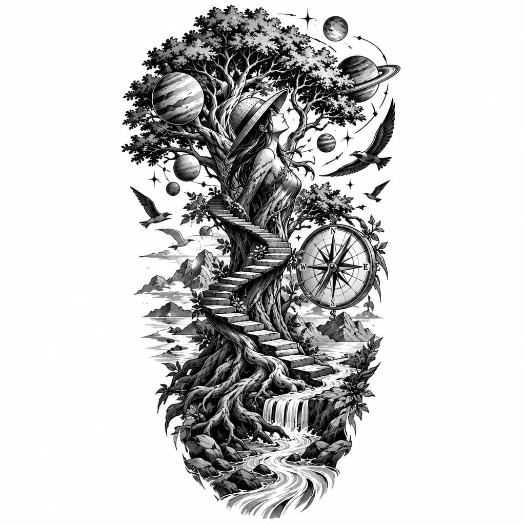 One Piece-inspired tattoo: tree of life with stock resembling a women, steps climbing around tree, river , compass, birds, planets