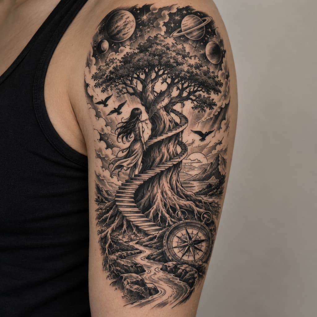 One Piece-inspired tattoo: tree of life with stock resembling a women, steps climbing around tree, river , compass, birds, planets