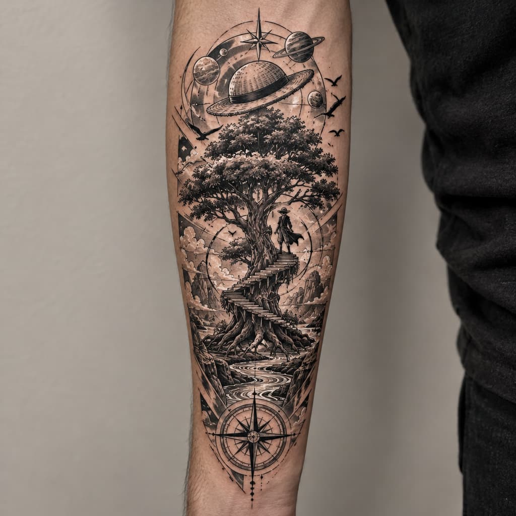 One Piece-inspired tattoo: tree of life with stock resembling a women, steps climbing around tree, river , compass, birds, planets make it geometric for forearm