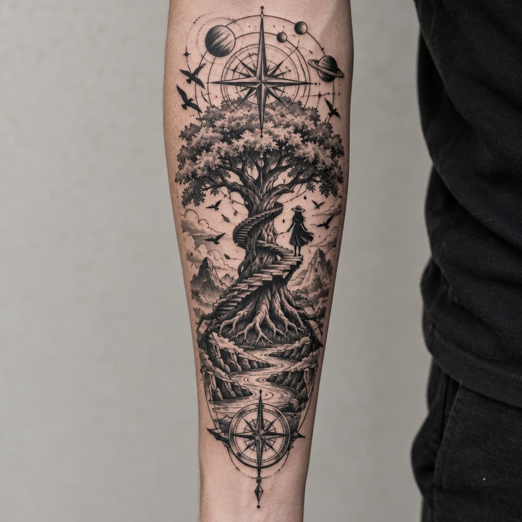 One Piece-inspired tattoo: tree of life with stock resembling a women, steps climbing around tree, river , compass, birds, planets make it geometric for forearm