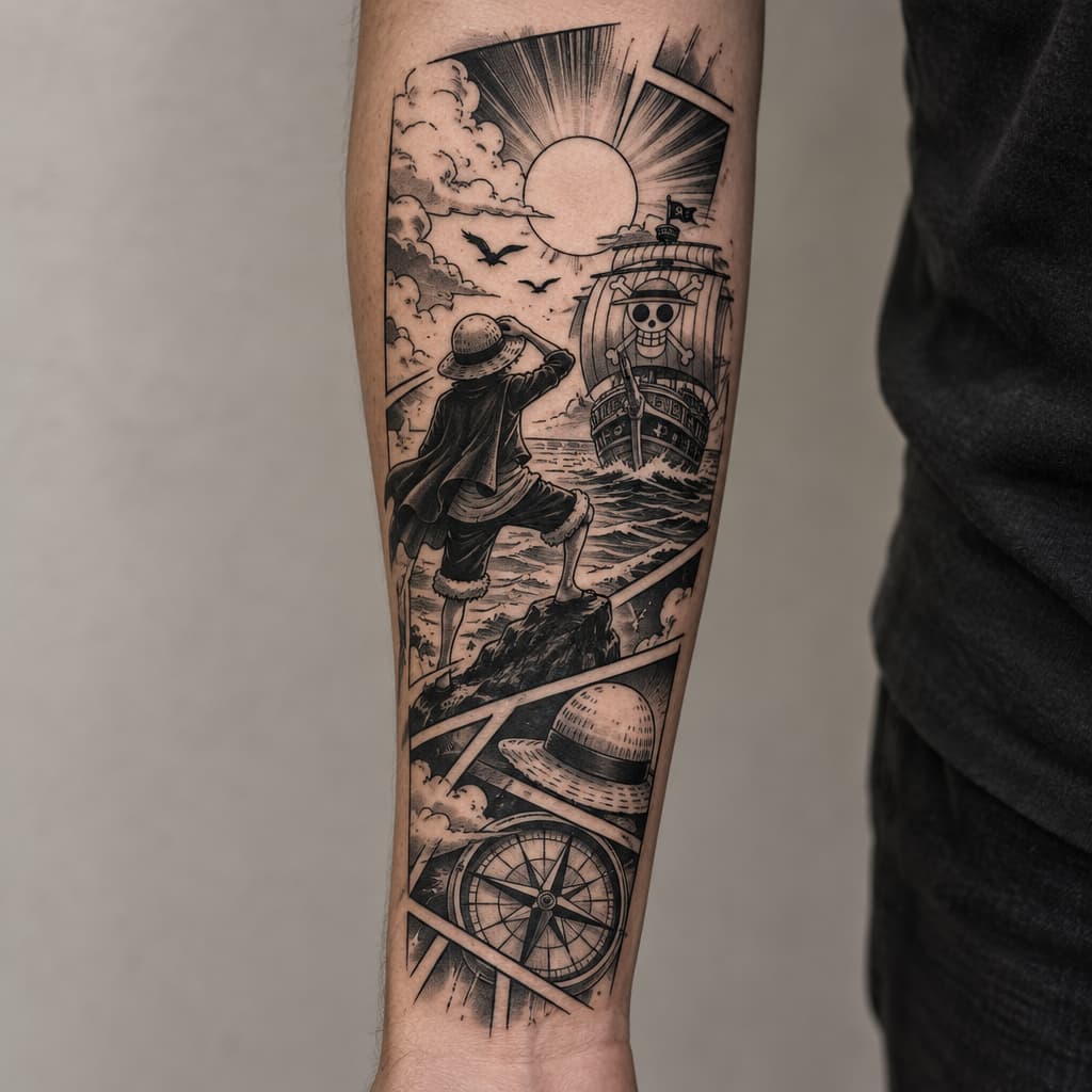 One Piece-inspired tattoo: tree of life with stock resembling a women, steps climbing around tree, river , compass, birds, planets make it geometric for forearm