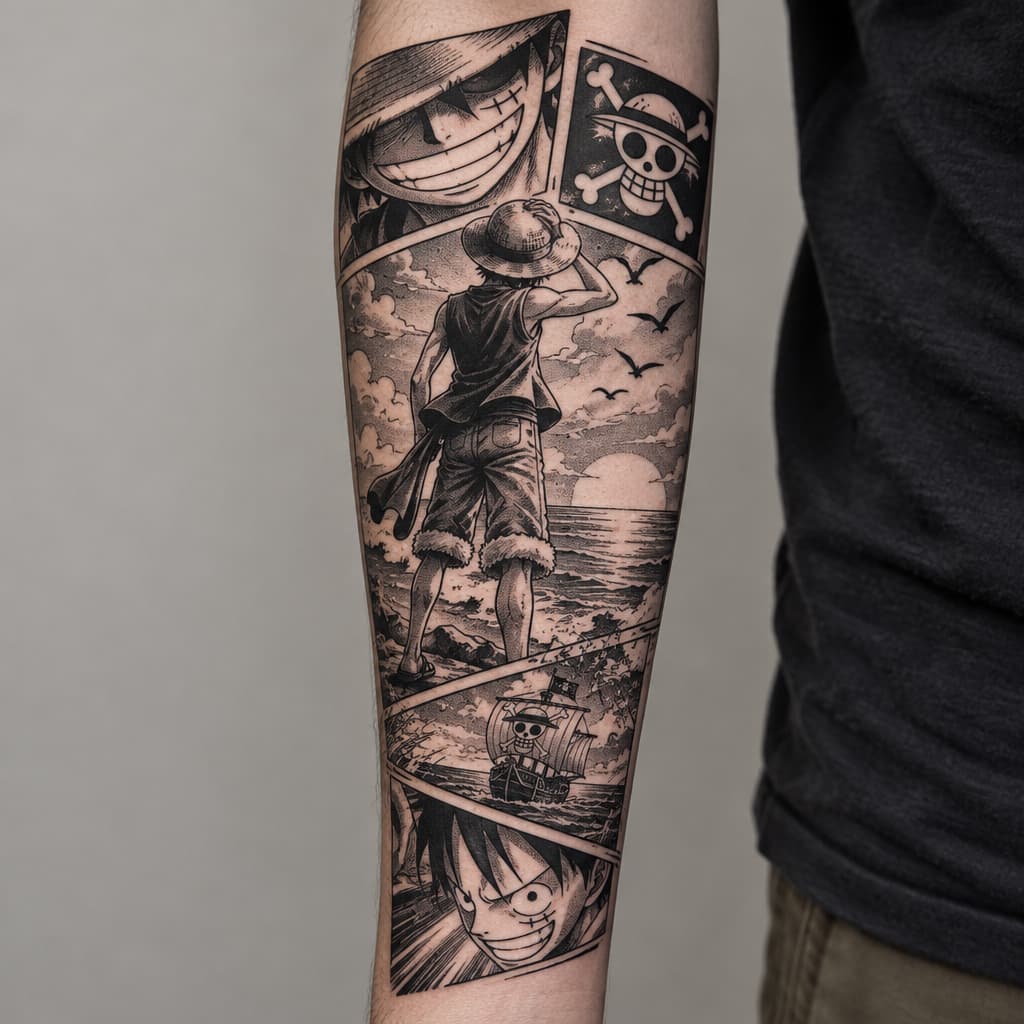 One Piece-inspired tattoo: Geo metric forearm tattoo of a tree of life with stock resembling a women, steps climbing around tree leading to a door
, river , compass, birds,