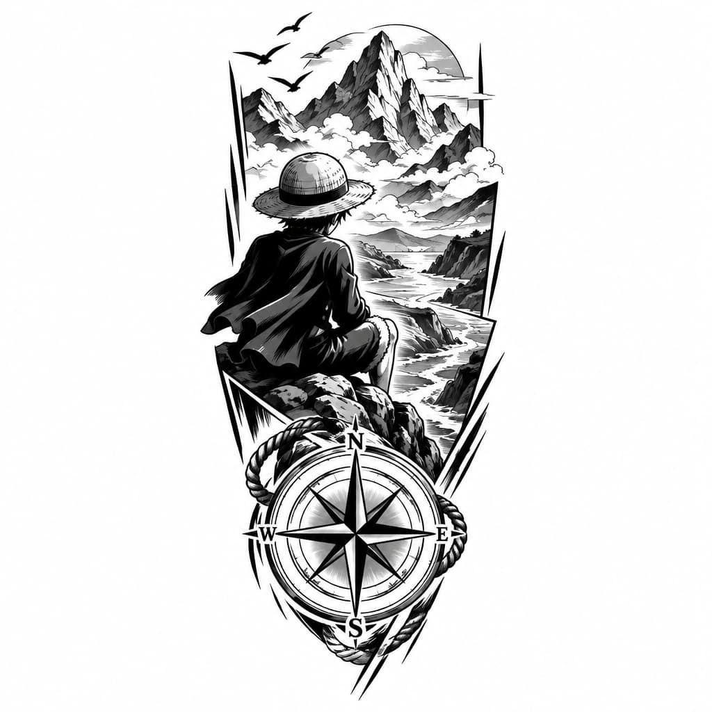 One Piece-inspired tattoo: geo metric tree with a river, mountains, birds, compass