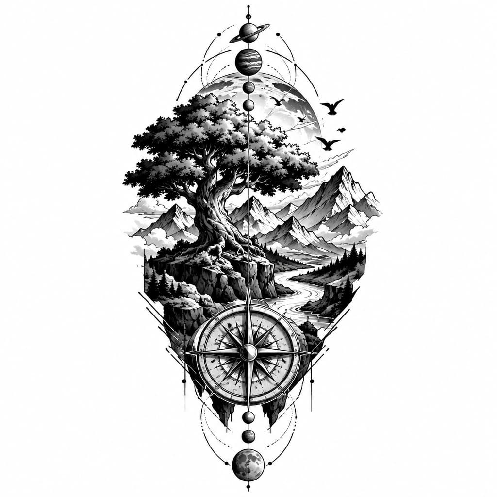 One Piece-inspired tattoo: geo metric tree with a river, mountains, birds, compass and lines with planets atatched