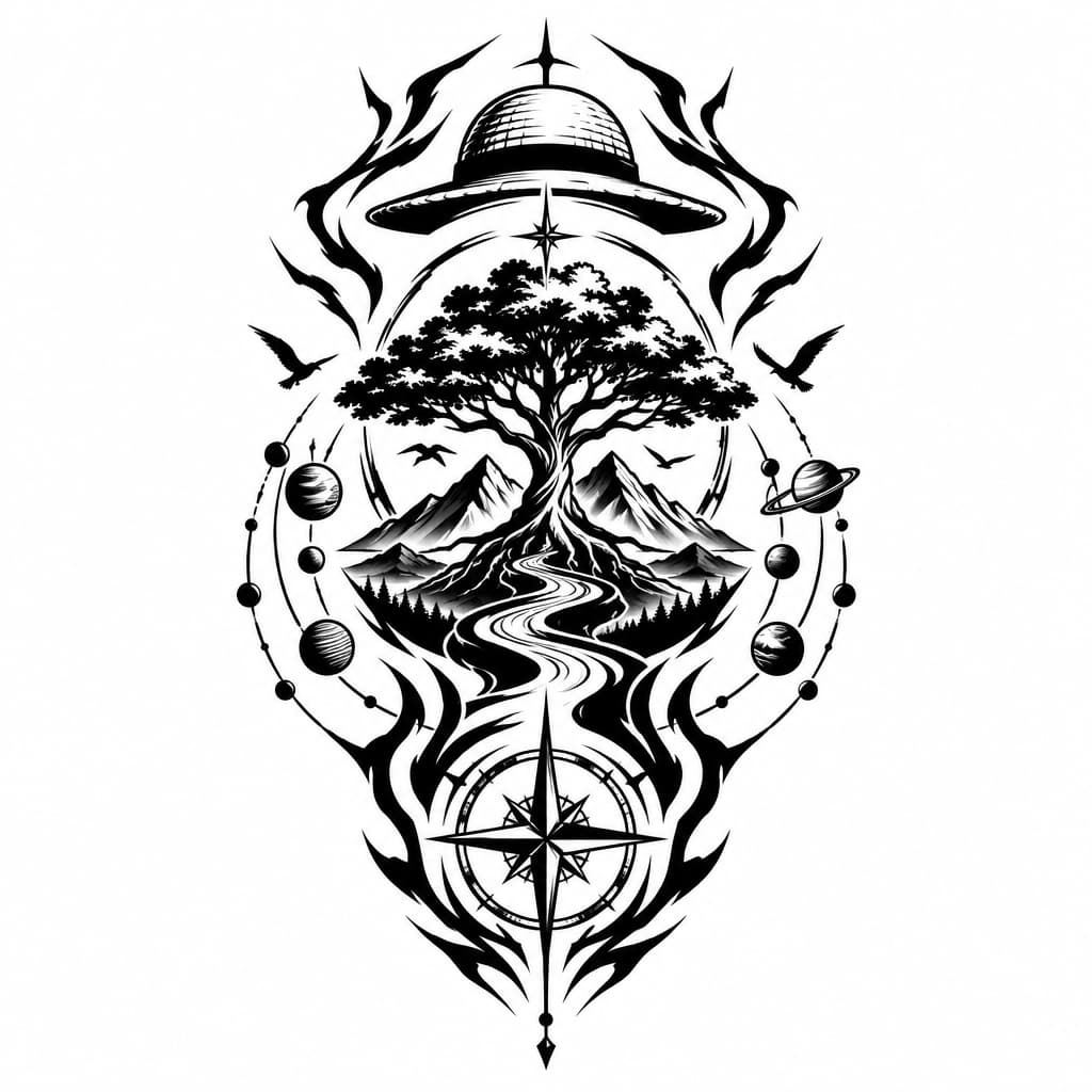 One Piece-inspired tattoo: geo metric tree with a river, mountains, birds, compass and lines with planets atatched