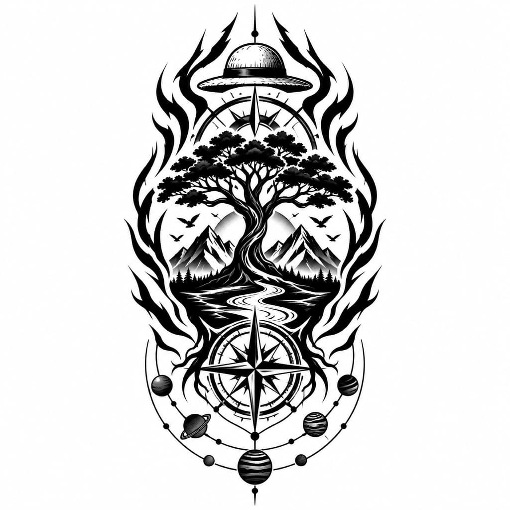 One Piece-inspired tattoo: geo metric tree with a river, mountains, birds, compass and lines with planets atatched