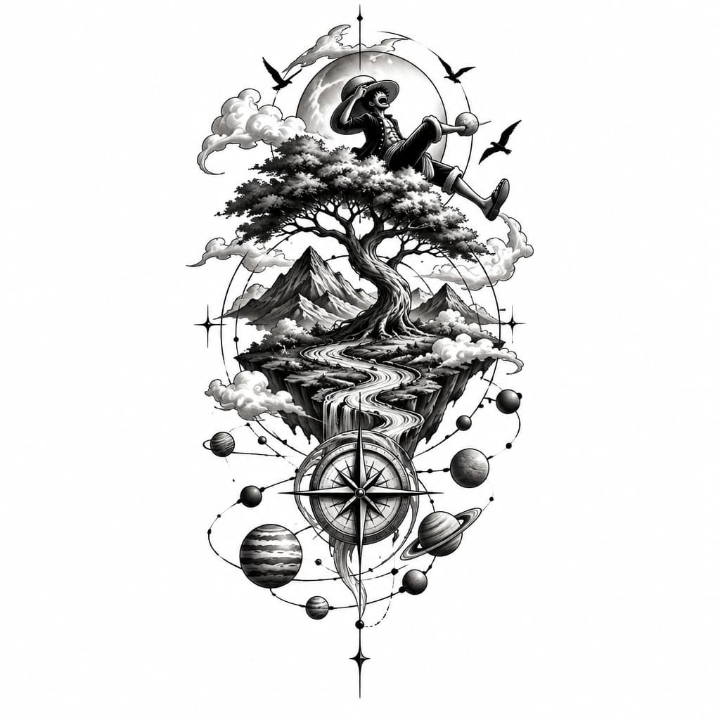One Piece-inspired tattoo: geo metric tree with a river, mountains, birds, compass and lines with planets atatched