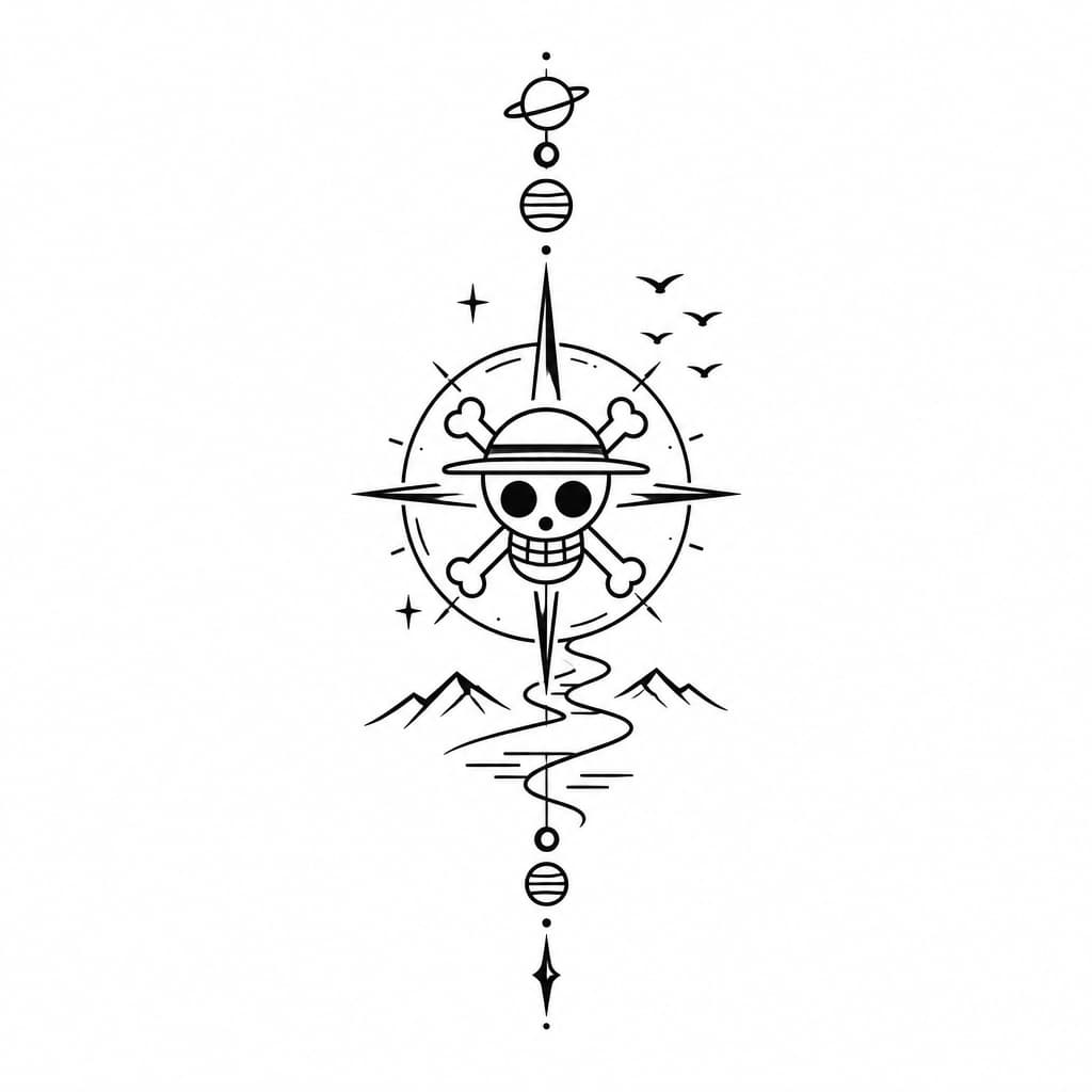 One Piece-inspired tattoo: geo metric tree with a river, mountains, birds, compass and lines with planets atatched