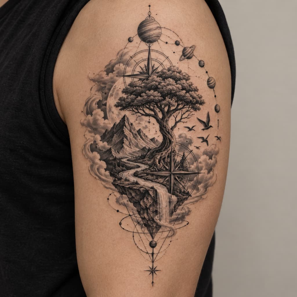 One Piece-inspired tattoo: geo metric tree with a river, mountains, birds, compass and lines with planets atatched