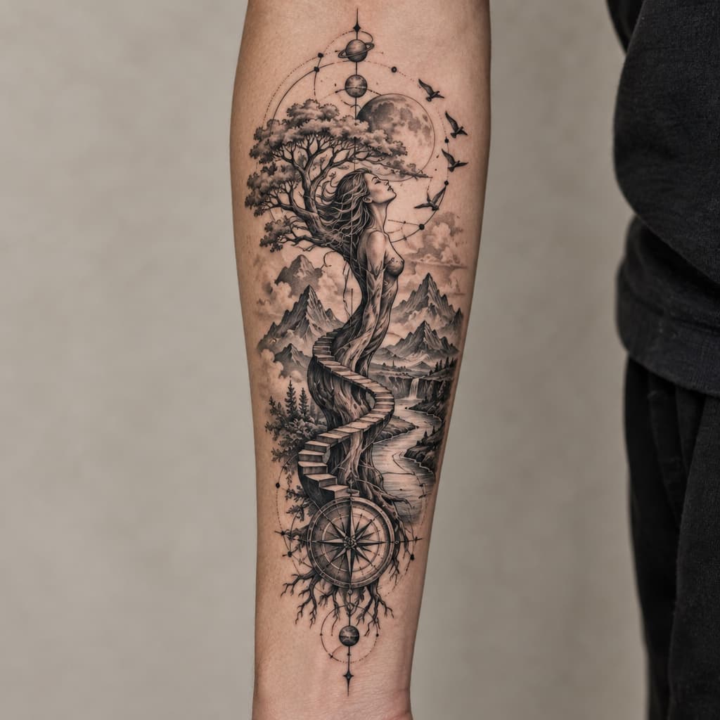 One Piece-inspired tattoo: forearm geo metric tree shaped like a women with steps winding around stock with a river, mountains, birds, compass and lines with planets atatched