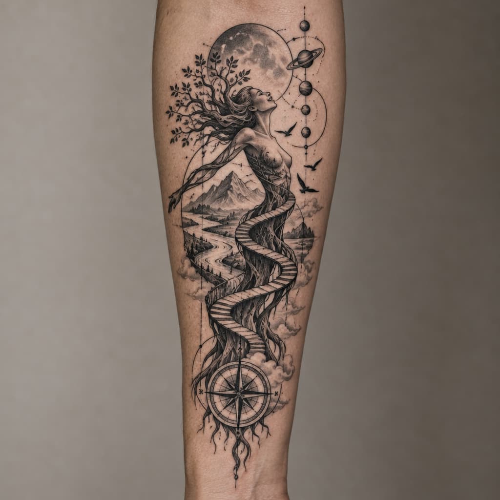 One Piece-inspired tattoo: forearm geo metric tree shaped like a women with steps winding around stock with a river, mountains, birds, compass and lines with planets atatched