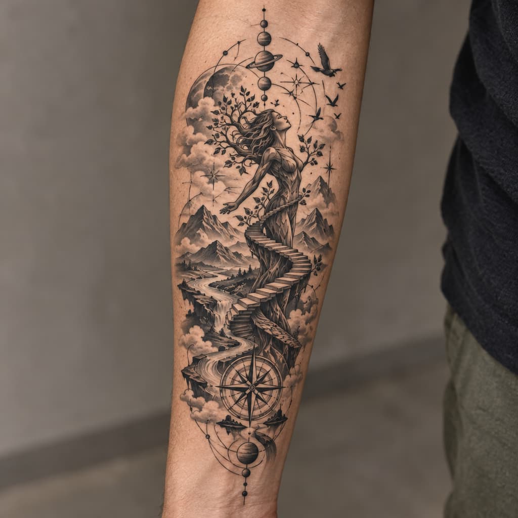 One Piece-inspired tattoo: forearm geo metric tree shaped like a women with steps winding around stock with a river, mountains, birds, compass and lines with planets atatched