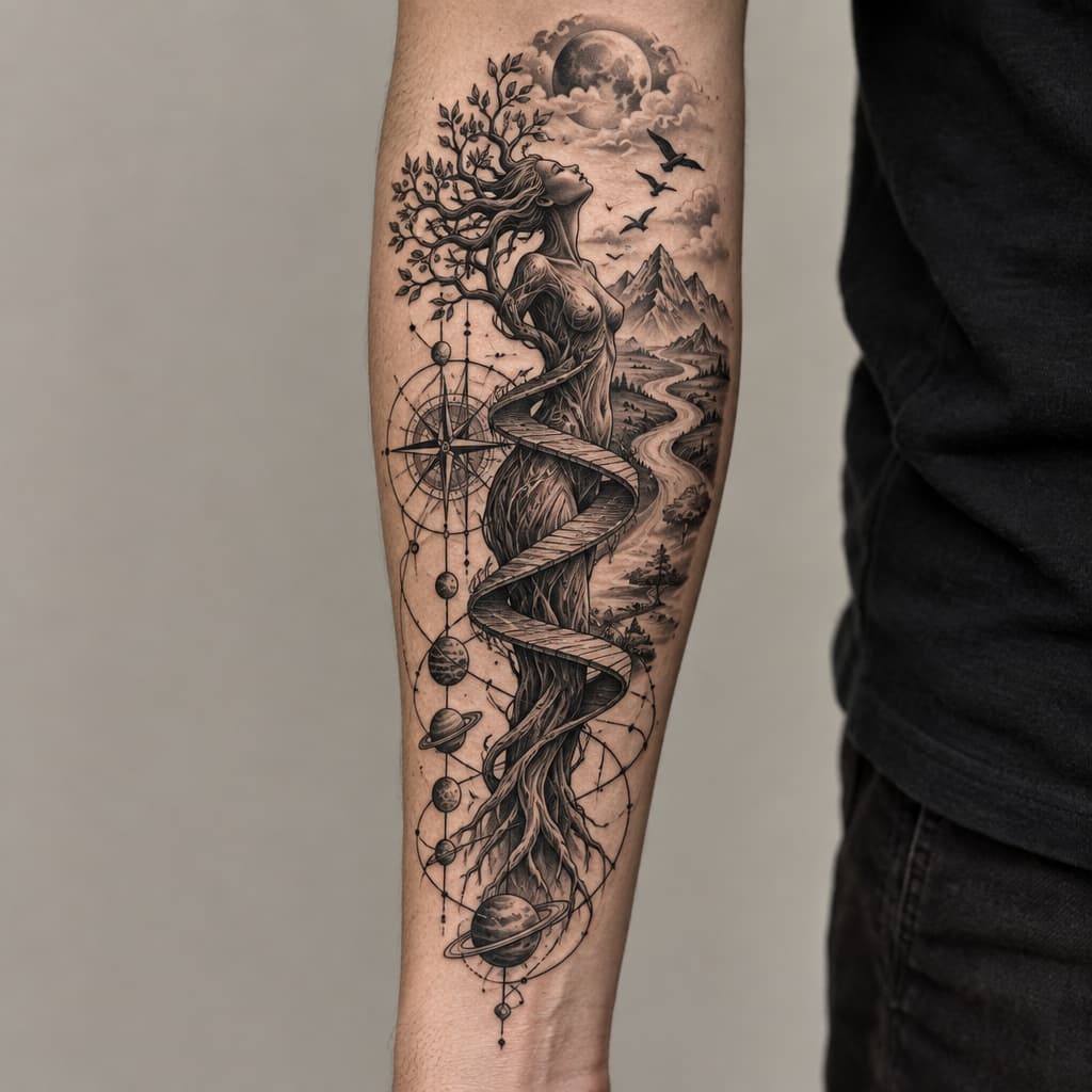 One Piece-inspired tattoo: forearm geo metric tree shaped like a women body with planks winding around stock to doorwith a river, mountains, birds, compass and lines with planets atatched