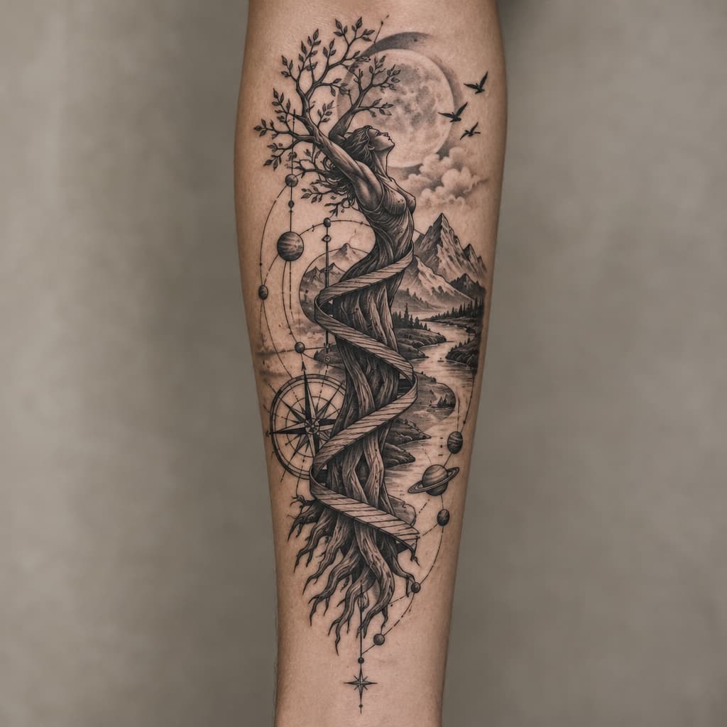 One Piece-inspired tattoo: forearm geo metric tree shaped like a women body with planks winding around stock to doorwith a river, mountains, birds, compass and lines with planets atatched
