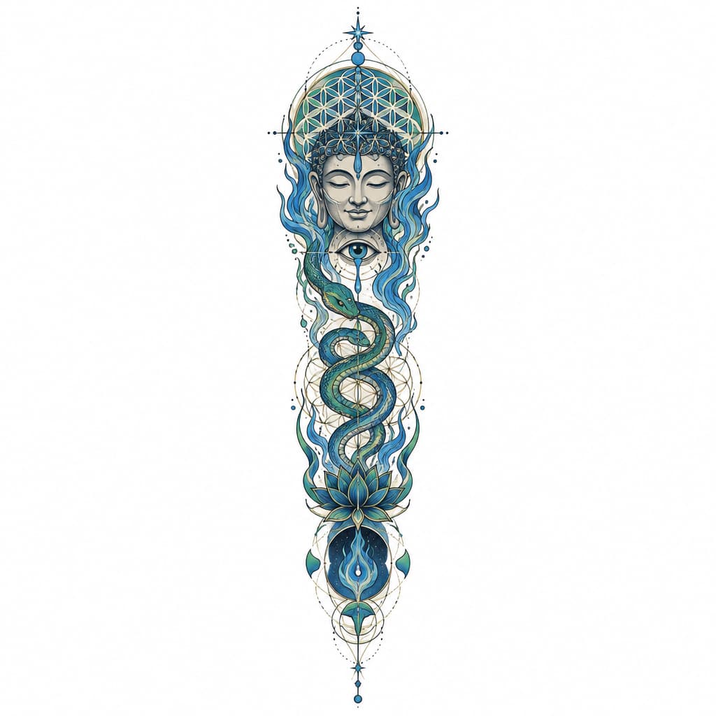 so im looking to make a tattoo sleeve for my left forearm but I want it to not look cut off and unfinished on my arm. I want it to have a certain flow that my tattoo artist can align with my anatomy, like my arm flow. im fairly spiritual and psychedelically influenced. I love hindu/indian, Japanese artwork. I like the psychedelic artwork of Alex grey. a concept that resonates with me is the spirit of a fire of purification. the concept of buddhas smile of unbearable compassion where you can see the beauty and the suffering of things. I want something that maybe articulates the battlefield of the mind, the fear that's fighting for its life and the love that's telling me to let go and that it's safe. something that's "starchild". like I have all these concepts and no depiction, because I don't want the Pinterest special. if I could pick a style it'd be Neo-japanese/geometric/surreal/psychedelic. another tattoo artist of inspiration is marshology on instagram. i want spiritual geometry like the flower of life but again I want flow to it, but maybe some definitive structure. one of the main things is that I want this to be something that I can wear like skin, I don't want it to be an absolute statement piece, but I want something dope. I want to add elements of color but on blue and green really, if there's a fire of purification, I want blue flames sort of deal. maybe a snake or something could be cool and make it like kundalini sort of thing. again I want to be able to wear it comfortably like skin, I don't want to be embarrassed because I have some bullshit on my arm. maybe we can add in an bleeding eye or something, not essential. im trying to describe an over all vibe that I want simplified into something I can wear.
