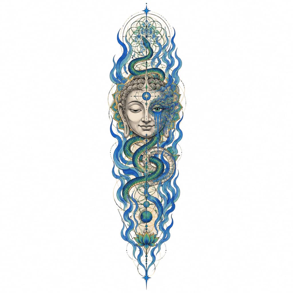so im looking to make a tattoo sleeve for my left forearm but I want it to not look cut off and unfinished on my arm. I want it to have a certain flow that my tattoo artist can align with my anatomy, like my arm flow. im fairly spiritual and psychedelically influenced. I love hindu/indian, Japanese artwork. I like the psychedelic artwork of Alex grey. a concept that resonates with me is the spirit of a fire of purification. the concept of buddhas smile of unbearable compassion where you can see the beauty and the suffering of things. I want something that maybe articulates the battlefield of the mind, the fear that's fighting for its life and the love that's telling me to let go and that it's safe. something that's "starchild". like I have all these concepts and no depiction, because I don't want the Pinterest special. if I could pick a style it'd be Neo-japanese/geometric/surreal/psychedelic. another tattoo artist of inspiration is marshology on instagram. i want spiritual geometry like the flower of life but again I want flow to it, but maybe some definitive structure. one of the main things is that I want this to be something that I can wear like skin, I don't want it to be an absolute statement piece, but I want something dope. I want to add elements of color but on blue and green really, if there's a fire of purification, I want blue flames sort of deal. maybe a snake or something could be cool and make it like kundalini sort of thing. again I want to be able to wear it comfortably like skin, I don't want to be embarrassed because I have some bullshit on my arm. maybe we can add in an bleeding eye or something, not essential. im trying to describe an over all vibe that I want simplified into something I can wear.