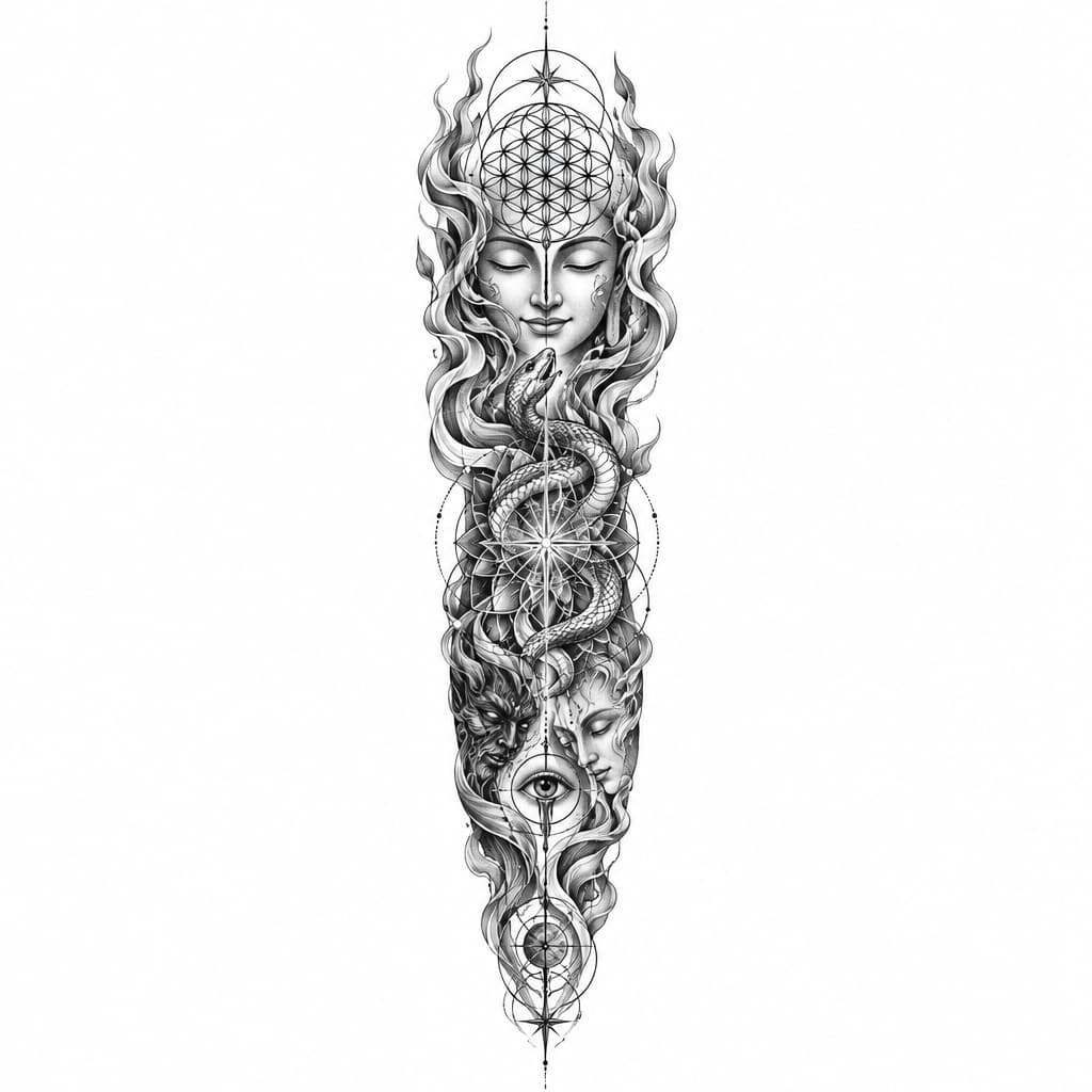 so im looking to make a tattoo sleeve for my left forearm but I want it to not look cut off and unfinished on my arm. I want it to have a certain flow that my tattoo artist can align with my anatomy, like my arm flow. im fairly spiritual and psychedelically influenced. I love hindu/indian, Japanese artwork. I like the psychedelic artwork of Alex grey. a concept that resonates with me is the spirit of a fire of purification. the concept of buddhas smile of unbearable compassion where you can see the beauty and the suffering of things. I want something that maybe articulates the battlefield of the mind, the fear that's fighting for its life and the love that's telling me to let go and that it's safe. something that's "starchild". like I have all these concepts and no depiction, because I don't want the Pinterest special. if I could pick a style it'd be Neo-japanese/geometric/surreal/psychedelic. another tattoo artist of inspiration is marshology on instagram. i want spiritual geometry like the flower of life but again I want flow to it, but maybe some definitive structure. one of the main things is that I want this to be something that I can wear like skin, I don't want it to be an absolute statement piece, but I want something dope. I want to add elements of color but on blue and green really, if there's a fire of purification, I want blue flames sort of deal. maybe a snake or something could be cool and make it like kundalini sort of thing. again I want to be able to wear it comfortably like skin, I don't want to be embarrassed because I have some bullshit on my arm. maybe we can add in an bleeding eye or something, not essential. im trying to describe an over all vibe that I want simplified into something I can wear.