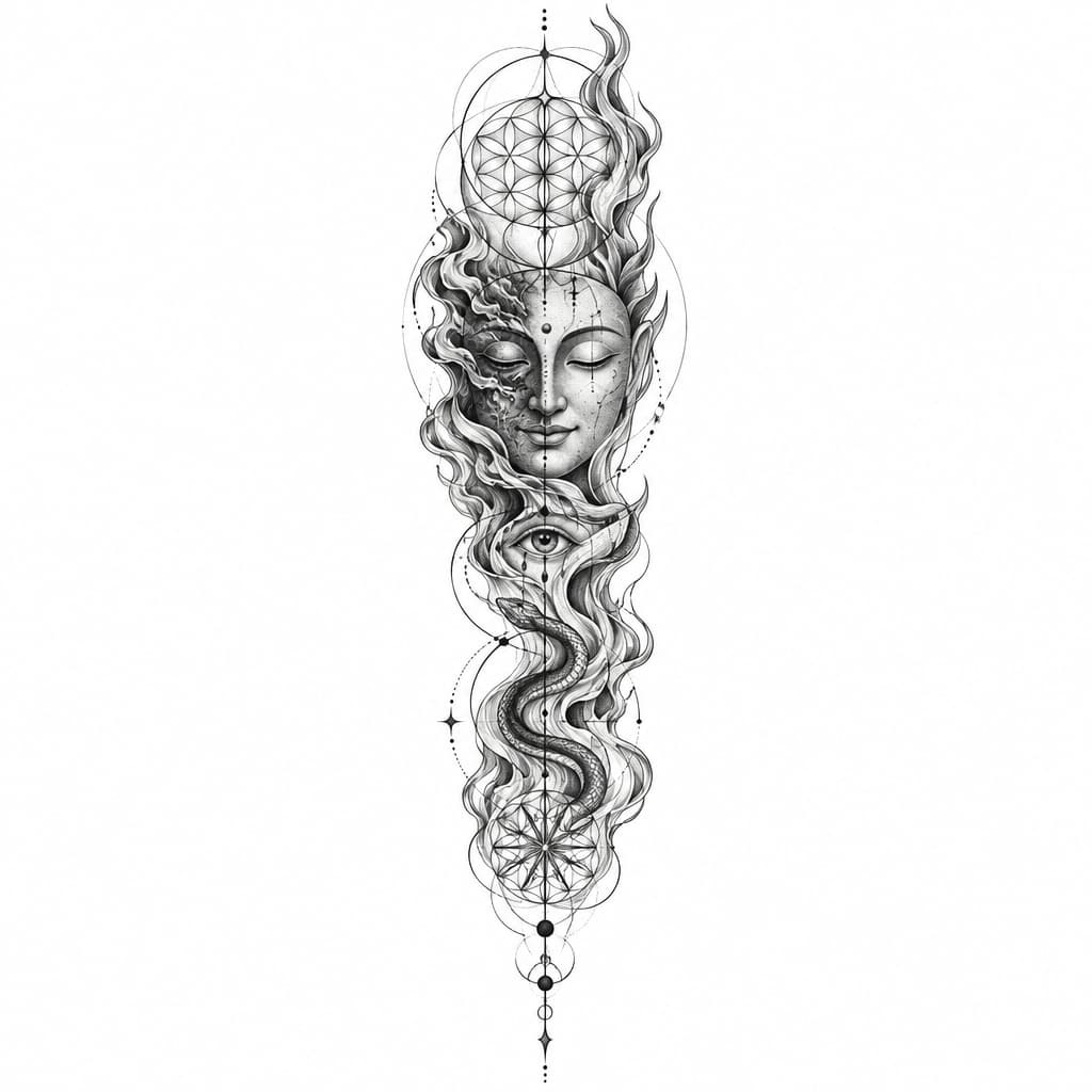 so im looking to make a tattoo sleeve for my left forearm but I want it to not look cut off and unfinished on my arm. I want it to have a certain flow that my tattoo artist can align with my anatomy, like my arm flow. im fairly spiritual and psychedelically influenced. I love hindu/indian, Japanese artwork. I like the psychedelic artwork of Alex grey. a concept that resonates with me is the spirit of a fire of purification. the concept of buddhas smile of unbearable compassion where you can see the beauty and the suffering of things. I want something that maybe articulates the battlefield of the mind, the fear that's fighting for its life and the love that's telling me to let go and that it's safe. something that's "starchild". like I have all these concepts and no depiction, because I don't want the Pinterest special. if I could pick a style it'd be Neo-japanese/geometric/surreal/psychedelic. another tattoo artist of inspiration is marshology on instagram. i want spiritual geometry like the flower of life but again I want flow to it, but maybe some definitive structure. one of the main things is that I want this to be something that I can wear like skin, I don't want it to be an absolute statement piece, but I want something dope. I want to add elements of color but on blue and green really, if there's a fire of purification, I want blue flames sort of deal. maybe a snake or something could be cool and make it like kundalini sort of thing. again I want to be able to wear it comfortably like skin, I don't want to be embarrassed because I have some bullshit on my arm. maybe we can add in an bleeding eye or something, not essential. im trying to describe an over all vibe that I want simplified into something I can wear. I don't want to much imagery. my goal in this was to describe my vibe and I want that depicted in a sleeve.