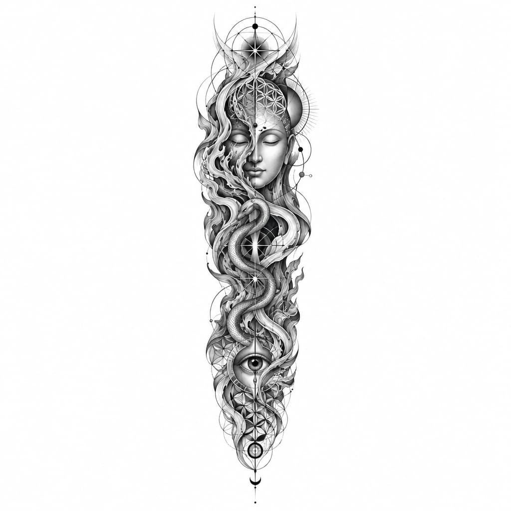 so im looking to make a tattoo sleeve for my left forearm but I want it to not look cut off and unfinished on my arm. I want it to have a certain flow that my tattoo artist can align with my anatomy, like my arm flow. im fairly spiritual and psychedelically influenced. I love hindu/indian, Japanese artwork. I like the psychedelic artwork of Alex grey. a concept that resonates with me is the spirit of a fire of purification. the concept of buddhas smile of unbearable compassion where you can see the beauty and the suffering of things. I want something that maybe articulates the battlefield of the mind, the fear that's fighting for its life and the love that's telling me to let go and that it's safe. something that's "starchild". like I have all these concepts and no depiction, because I don't want the Pinterest special. if I could pick a style it'd be Neo-japanese/geometric/surreal/psychedelic. another tattoo artist of inspiration is marshology on instagram. i want spiritual geometry like the flower of life but again I want flow to it, but maybe some definitive structure. one of the main things is that I want this to be something that I can wear like skin, I don't want it to be an absolute statement piece, but I want something dope. I want to add elements of color but on blue and green really, if there's a fire of purification, I want blue flames sort of deal. maybe a snake or something could be cool and make it like kundalini sort of thing. again I want to be able to wear it comfortably like skin, I don't want to be embarrassed because I have some bullshit on my arm. maybe we can add in an bleeding eye or something, not essential. im trying to describe an over all vibe that I want simplified into something I can wear. I don't want to much imagery. my goal in this was to describe my vibe and I want that depicted in a sleeve.