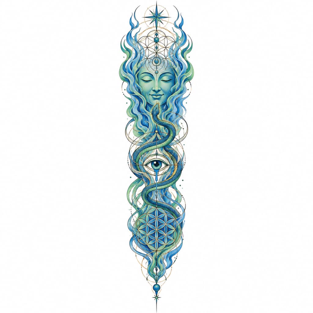 so im looking to make a tattoo sleeve for my left forearm but I want it to not look cut off and unfinished on my arm. I want it to have a certain flow that my tattoo artist can align with my anatomy, like my arm flow. im fairly spiritual and psychedelically influenced. I love hindu/indian, Japanese artwork. I like the psychedelic artwork of Alex grey. a concept that resonates with me is the spirit of a fire of purification. the concept of buddhas smile of unbearable compassion where you can see the beauty and the suffering of things. I want something that maybe articulates the battlefield of the mind, the fear that's fighting for its life and the love that's telling me to let go and that it's safe. something that's "starchild". like I have all these concepts and no depiction, because I don't want the Pinterest special. if I could pick a style it'd be Neo-japanese/geometric/surreal/psychedelic. another tattoo artist of inspiration is marshology on instagram. i want spiritual geometry like the flower of life but again I want flow to it, but maybe some definitive structure. one of the main things is that I want this to be something that I can wear like skin, I don't want it to be an absolute statement piece, but I want something dope. I want to add elements of color but on blue and green really, if there's a fire of purification, I want blue flames sort of deal. maybe a snake or something could be cool and make it like kundalini sort of thing. again I want to be able to wear it comfortably like skin, I don't want to be embarrassed because I have some bullshit on my arm. maybe we can add in an bleeding eye or something, not essential. im trying to describe an over all vibe that I want simplified into something I can wear. I don't want to much imagery. my goal in this was to describe my vibe and I want that depicted in a sleeve.