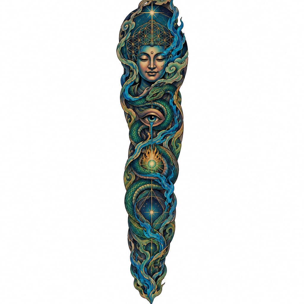 so im looking to make a tattoo sleeve for my left forearm but I want it to not look cut off and unfinished on my arm. I want it to have a certain flow that my tattoo artist can align with my anatomy, like my arm flow. im fairly spiritual and psychedelically influenced. I love hindu/indian, Japanese artwork. I like the psychedelic artwork of Alex grey. a concept that resonates with me is the spirit of a fire of purification. the concept of buddhas smile of unbearable compassion where you can see the beauty and the suffering of things. I want something that maybe articulates the battlefield of the mind, the fear that's fighting for its life and the love that's telling me to let go and that it's safe. something that's "starchild". like I have all these concepts and no depiction, because I don't want the Pinterest special. if I could pick a style it'd be Neo-japanese/geometric/surreal/psychedelic. another tattoo artist of inspiration is marshology on instagram. i want spiritual geometry like the flower of life but again I want flow to it, but maybe some definitive structure. one of the main things is that I want this to be something that I can wear like skin, I don't want it to be an absolute statement piece, but I want something dope. I want to add elements of color but on blue and green really, if there's a fire of purification, I want blue flames sort of deal. maybe a snake or something could be cool and make it like kundalini sort of thing. again I want to be able to wear it comfortably like skin, I don't want to be embarrassed because I have some bullshit on my arm. maybe we can add in an bleeding eye or something, not essential. im trying to describe an over all vibe that I want simplified into something I can wear. I don't want to much imagery. my goal in this was to describe my vibe and I want that depicted in a sleeve.