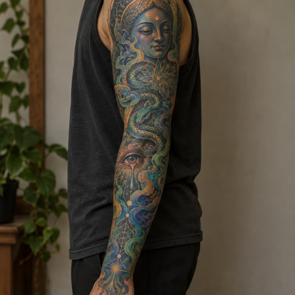 so im looking to make a tattoo sleeve for my left forearm but I want it to not look cut off and unfinished on my arm. I want it to have a certain flow that my tattoo artist can align with my anatomy, like my arm flow. im fairly spiritual and psychedelically influenced. I love hindu/indian, Japanese artwork. I like the psychedelic artwork of Alex grey. a concept that resonates with me is the spirit of a fire of purification. the concept of buddhas smile of unbearable compassion where you can see the beauty and the suffering of things. I want something that maybe articulates the battlefield of the mind, the fear that's fighting for its life and the love that's telling me to let go and that it's safe. something that's "starchild". like I have all these concepts and no depiction, because I don't want the Pinterest special. if I could pick a style it'd be Neo-japanese/geometric/surreal/psychedelic. another tattoo artist of inspiration is marshology on instagram. i want spiritual geometry like the flower of life but again I want flow to it, but maybe some definitive structure. one of the main things is that I want this to be something that I can wear like skin, I don't want it to be an absolute statement piece, but I want something dope. I want to add elements of color but on blue and green really, if there's a fire of purification, I want blue flames sort of deal. maybe a snake or something could be cool and make it like kundalini sort of thing. again I want to be able to wear it comfortably like skin, I don't want to be embarrassed because I have some bullshit on my arm. maybe we can add in an bleeding eye or something, not essential. im trying to describe an over all vibe that I want simplified into something I can wear. I don't want to much imagery. my goal in this was to describe my vibe and I want that depicted in a sleeve.