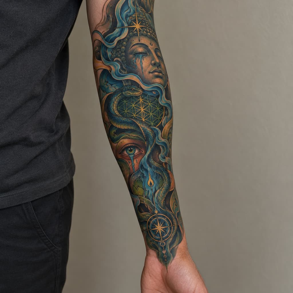 so im looking to make a tattoo sleeve for my left forearm but I want it to not look cut off and unfinished on my arm. I want it to have a certain flow that my tattoo artist can align with my anatomy, like my arm flow. im fairly spiritual and psychedelically influenced. I love hindu/indian, Japanese artwork. I like the psychedelic artwork of Alex grey. a concept that resonates with me is the spirit of a fire of purification. the concept of buddhas smile of unbearable compassion where you can see the beauty and the suffering of things. I want something that maybe articulates the battlefield of the mind, the fear that's fighting for its life and the love that's telling me to let go and that it's safe. something that's "starchild". like I have all these concepts and no depiction, because I don't want the Pinterest special. if I could pick a style it'd be Neo-japanese/geometric/surreal/psychedelic. another tattoo artist of inspiration is marshology on instagram. i want spiritual geometry like the flower of life but again I want flow to it, but maybe some definitive structure. one of the main things is that I want this to be something that I can wear like skin, I don't want it to be an absolute statement piece, but I want something dope. I want to add elements of color but on blue and green really, if there's a fire of purification, I want blue flames sort of deal. maybe a snake or something could be cool and make it like kundalini sort of thing. again I want to be able to wear it comfortably like skin, I don't want to be embarrassed because I have some bullshit on my arm. maybe we can add in an bleeding eye or something, not essential. im trying to describe an over all vibe that I want simplified into something I can wear. I don't want to much imagery. my goal in this was to describe my vibe and I want that depicted in a sleeve.