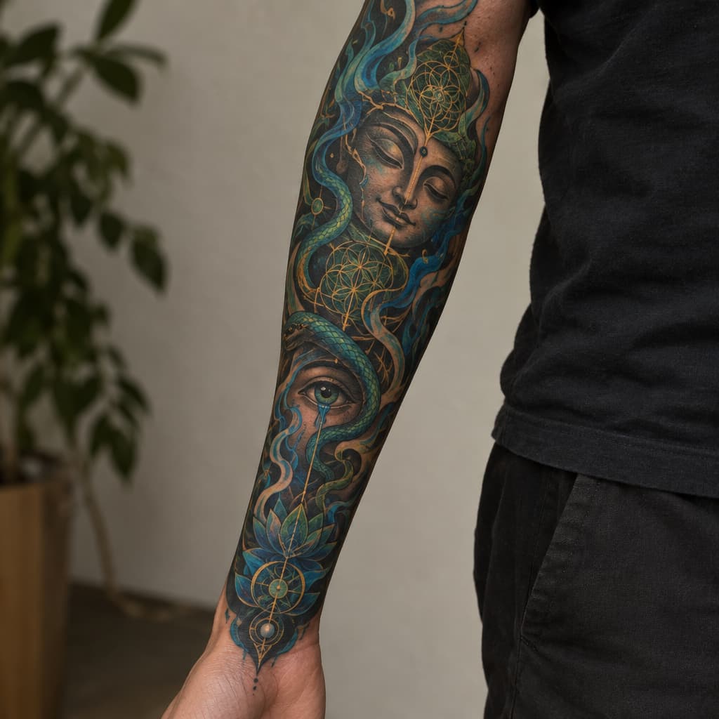 so im looking to make a tattoo sleeve for my left forearm but I want it to not look cut off and unfinished on my arm. I want it to have a certain flow that my tattoo artist can align with my anatomy, like my arm flow. im fairly spiritual and psychedelically influenced. I love hindu/indian, Japanese artwork. I like the psychedelic artwork of Alex grey. a concept that resonates with me is the spirit of a fire of purification. the concept of buddhas smile of unbearable compassion where you can see the beauty and the suffering of things. I want something that maybe articulates the battlefield of the mind, the fear that's fighting for its life and the love that's telling me to let go and that it's safe. something that's. like I have all these concepts and no depiction, because I don't want the Pinterest special. if I could pick a style it'd be Neo-japanese/geometric/surreal/psychedelic. another tattoo artist of inspiration is marshology on instagram. i want spiritual geometry like the flower of life but again I want flow to it, but maybe some definitive structure. one of the main things is that I want this to be something that I can wear like skin, I don't want it to be an absolute statement piece, but I want something dope. I want to add elements of color but on blue and green really, if there's a fire of purification, I want blue flames sort of deal. maybe a snake or something could be cool and make it like kundalini sort of thing. again I want to be able to wear it comfortably like skin, I don't want to be embarrassed because I have some bullshit on my arm. maybe we can add in an bleeding eye or something, not essential. im trying to describe an over all vibe that I want simplified into something I can wear. I don't want to much imagery. my goal in this was to describe my vibe and I want that depicted in a sleeve.