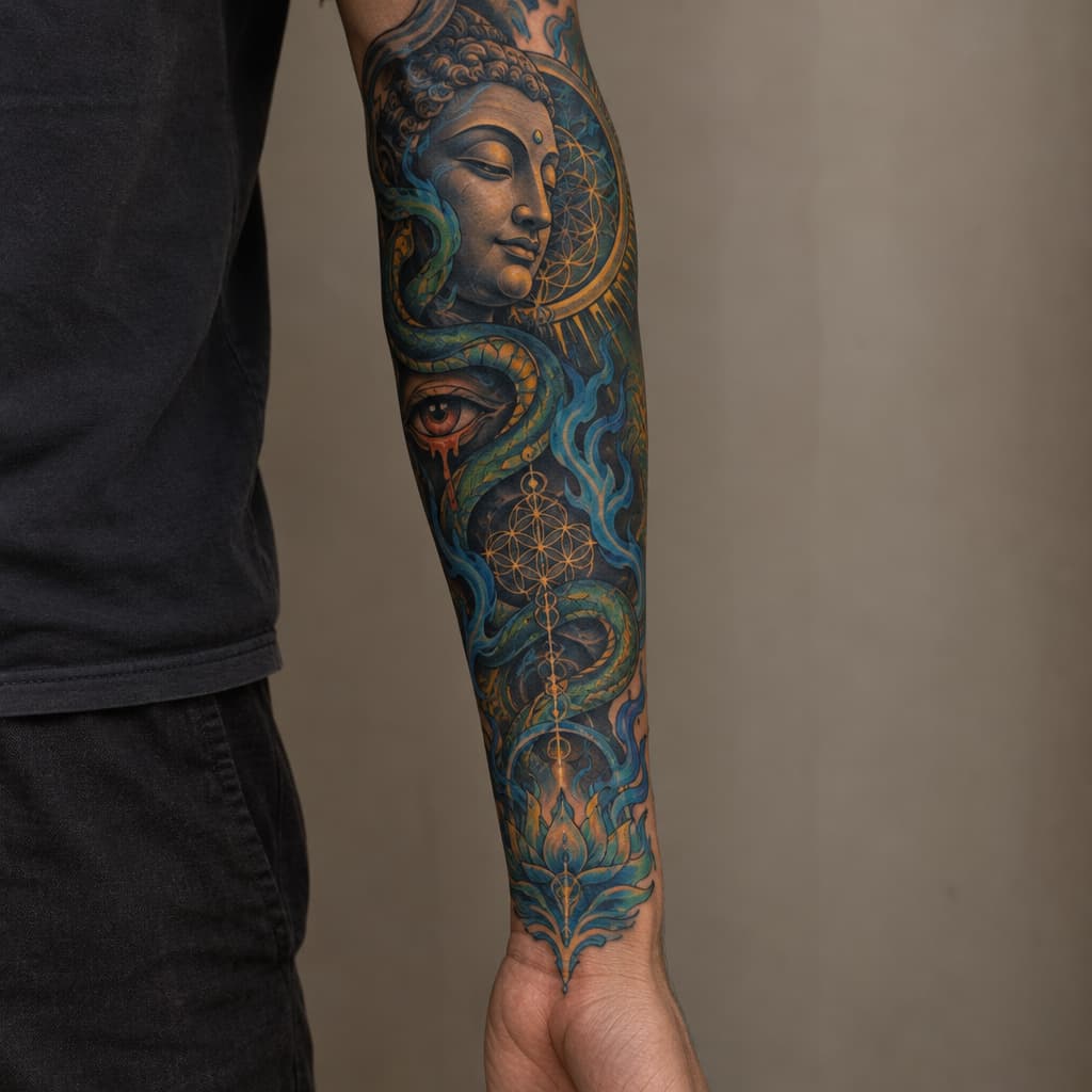 so im looking to make a tattoo sleeve for my left forearm but I want it to not look cut off and unfinished on my arm. I want it to have a certain flow that my tattoo artist can align with my anatomy, like my arm flow. im fairly spiritual and psychedelically influenced. I love hindu/indian, Japanese artwork. I like the psychedelic artwork of Alex grey. a concept that resonates with me is the spirit of a fire of purification. the concept of buddhas smile of unbearable compassion where you can see the beauty and the suffering of things. I want something that maybe articulates the battlefield of the mind, the fear that's fighting for its life and the love that's telling me to let go and that it's safe. something that's. like I have all these concepts and no depiction, because I don't want the Pinterest special. if I could pick a style it'd be Neo-japanese/geometric/surreal/psychedelic. another tattoo artist of inspiration is marshology on instagram. i want spiritual geometry like the flower of life but again I want flow to it, but maybe some definitive structure. there can be more other spiritual geometry incorporated. one of the main things is that I want this to be something that I can wear like skin, I don't want it to be an absolute statement piece, but I want something dope. I want to add elements of color but on blue and green really, if there's a fire of purification, I want blue flames sort of deal. maybe a snake or something could be cool and make it like kundalini sort of thing. again I want to be able to wear it comfortably like skin, I don't want to be embarrassed because I have some bullshit on my arm. maybe we can add in an bleeding eye or something, not essential. im trying to describe an over all vibe that I want simplified into something I can wear. I don't want to much imagery. my goal in this was to describe my vibe and I want that depicted in a sleeve. keep it interesting but not cluttered.