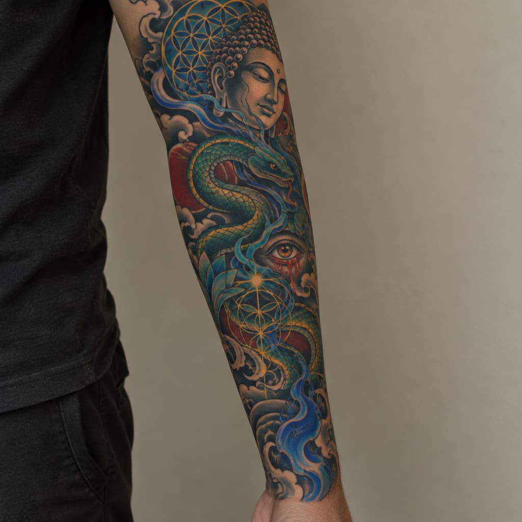 so im looking to make a tattoo sleeve for my left forearm but I want it to not look cut off and unfinished on my arm. I want it to have a certain flow that my tattoo artist can align with my anatomy, like my arm flow. im fairly spiritual and psychedelically influenced. I love hindu/indian, Japanese artwork. I like the psychedelic artwork of Alex grey. a concept that resonates with me is the spirit of a fire of purification. the concept of buddhas smile of unbearable compassion where you can see the beauty and the suffering of things. I want something that maybe articulates the battlefield of the mind, the fear that's fighting for its life and the love that's telling me to let go and that it's safe. something that's. like I have all these concepts and no depiction, because I don't want the Pinterest special. if I could pick a style it'd be Neo-japanese/geometric/surreal/psychedelic. another tattoo artist of inspiration is marshology on instagram. i want spiritual geometry like the flower of life but again I want flow to it, but maybe some definitive structure. there can be more other spiritual geometry incorporated. one of the main things is that I want this to be something that I can wear like skin, I don't want it to be an absolute statement piece, but I want something dope. I want to add elements of color but on blue and green really, if there's a fire of purification, I want blue flames sort of deal. maybe a snake or something could be cool and make it like kundalini sort of thing. again I want to be able to wear it comfortably like skin, I don't want to be embarrassed because I have some bullshit on my arm. maybe we can add in an bleeding eye or something, not essential. im trying to describe an over all vibe that I want simplified into something I can wear. I don't want to much imagery. my goal in this was to describe my vibe and I want that depicted in a sleeve. keep it interesting but not cluttered.