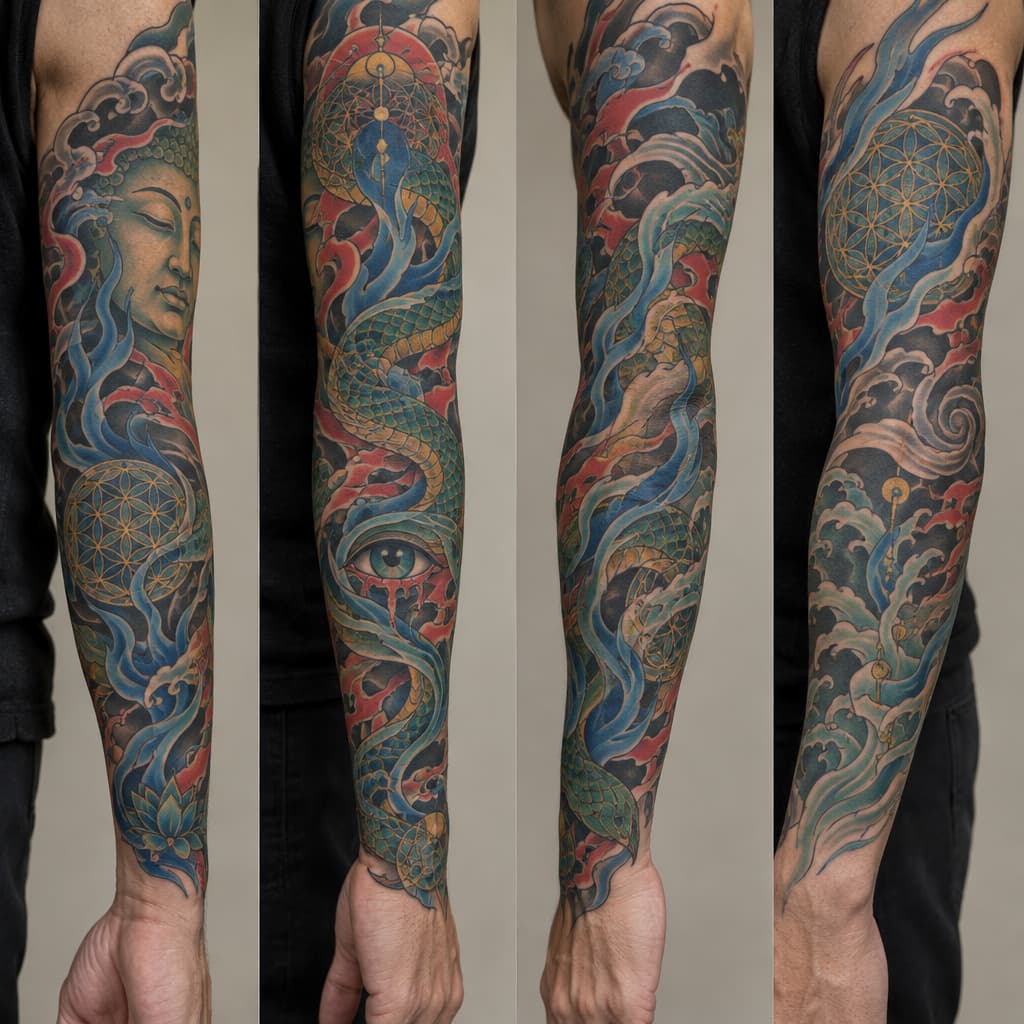 so im looking to make a tattoo sleeve for my left forearm but I want it to not look cut off and unfinished on my arm. I want it to have a certain flow that my tattoo artist can align with my anatomy, like my arm flow. im fairly spiritual and psychedelically influenced. I love hindu/indian, Japanese artwork. I like the psychedelic artwork of Alex grey. a concept that resonates with me is the spirit of a fire of purification. the concept of buddhas smile of unbearable compassion where you can see the beauty and the suffering of things. I want something that maybe articulates the battlefield of the mind, the fear that's fighting for its life and the love that's telling me to let go and that it's safe. something that's. like I have all these concepts and no depiction, because I don't want the Pinterest special. if I could pick a style it'd be Neo-japanese/geometric/surreal/psychedelic. another tattoo artist of inspiration is marshology on instagram. i want spiritual geometry like the flower of life but again I want flow to it, but maybe some definitive structure. there can be more other spiritual geometry incorporated. one of the main things is that I want this to be something that I can wear like skin, I don't want it to be an absolute statement piece, but I want something dope. I want to add elements of color but on blue and green really, if there's a fire of purification, I want blue flames sort of deal. maybe a snake or something could be cool and make it like kundalini sort of thing. again I want to be able to wear it comfortably like skin, I don't want to be embarrassed because I have some bullshit on my arm. maybe we can add in an bleeding eye or something, not essential. im trying to describe an over all vibe that I want simplified into something I can wear. I don't want to much imagery. my goal in this was to describe my vibe and I want that depicted in a sleeve. keep it interesting but not cluttered.