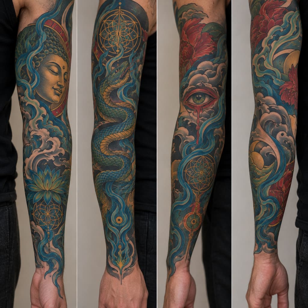 so im looking to make a tattoo sleeve for my left forearm but I want it to not look cut off and unfinished on my arm. I want it to have a certain flow that my tattoo artist can align with my anatomy, like my arm flow. im fairly spiritual and psychedelically influenced. I love hindu/indian, Japanese artwork. I like the psychedelic artwork of Alex grey. a concept that resonates with me is the spirit of a fire of purification. the concept of buddhas smile of unbearable compassion where you can see the beauty and the suffering of things. I want something that maybe articulates the battlefield of the mind, the fear that's fighting for its life and the love that's telling me to let go and that it's safe. something that's. like I have all these concepts and no depiction, because I don't want the Pinterest special. if I could pick a style it'd be Neo-japanese/geometric/surreal/psychedelic. another tattoo artist of inspiration is marshology on instagram. i want spiritual geometry like the flower of life but again I want flow to it, but maybe some definitive structure. there can be more other spiritual geometry incorporated. one of the main things is that I want this to be something that I can wear like skin, I don't want it to be an absolute statement piece, but I want something dope. I want to add elements of color but on blue and green really, if there's a fire of purification, I want blue flames sort of deal. maybe a snake or something could be cool and make it like kundalini sort of thing. again I want to be able to wear it comfortably like skin, I don't want to be embarrassed because I have some bullshit on my arm. maybe we can add in an bleeding eye or something, not essential. im trying to describe an over all vibe that I want simplified into something I can wear. I don't want to much imagery. my goal in this was to describe my vibe and I want that depicted in a sleeve. keep it interesting but not cluttered.