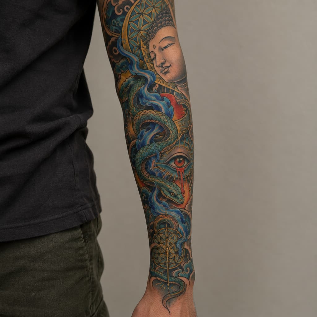 so im looking to make a tattoo sleeve for my left forearm but I want it to not look cut off and unfinished on my arm. I want it to have a certain flow that my tattoo artist can align with my anatomy, like my arm flow. im fairly spiritual and psychedelically influenced. I love hindu/indian, Japanese artwork. I like the psychedelic artwork of Alex grey. a concept that resonates with me is the spirit of a fire of purification. the concept of buddhas smile of unbearable compassion where you can see the beauty and the suffering of things. I want something that maybe articulates the battlefield of the mind, the fear that's fighting for its life and the love that's telling me to let go and that it's safe. something that's. like I have all these concepts and no depiction, because I don't want the Pinterest special. if I could pick a style it'd be Neo-japanese/geometric/surreal/psychedelic. another tattoo artist of inspiration is marshology on instagram. i want spiritual geometry like the flower of life but again I want flow to it, but maybe some definitive structure. there can be more other spiritual geometry incorporated. one of the main things is that I want this to be something that I can wear like skin, I don't want it to be an absolute statement piece, but I want something dope. I want to add elements of color but on blue and green really, if there's a fire of purification, I want blue flames sort of deal. maybe a snake or something could be cool and make it like kundalini sort of thing. again I want to be able to wear it comfortably like skin, I don't want to be embarrassed because I have some bullshit on my arm. maybe we can add in an bleeding eye or something, not essential. im trying to describe an over all vibe that I want simplified into something I can wear. I don't want to much imagery. my goal in this was to describe my vibe and I want that depicted in a sleeve. keep it interesting but not cluttered.