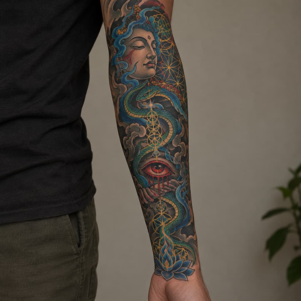 so im looking to make a tattoo sleeve for my left forearm but I want it to not look cut off and unfinished on my arm. I want it to have a certain flow that my tattoo artist can align with my anatomy, like my arm flow. im fairly spiritual and psychedelically influenced. I love hindu/indian, Japanese artwork. I like the psychedelic artwork of Alex grey. a concept that resonates with me is the spirit of a fire of purification. the concept of buddhas smile of unbearable compassion where you can see the beauty and the suffering of things. I want something that maybe articulates the battlefield of the mind, the fear that's fighting for its life and the love that's telling me to let go and that it's safe. something that's. like I have all these concepts and no depiction, because I don't want the Pinterest special. if I could pick a style it'd be Neo-japanese/geometric/surreal/psychedelic. another tattoo artist of inspiration is marshology on instagram. i want spiritual geometry like the flower of life but again I want flow to it, but maybe some definitive structure. there can be more other spiritual geometry incorporated. one of the main things is that I want this to be something that I can wear like skin, I don't want it to be an absolute statement piece, but I want something dope. I want to add elements of color but on blue and green really, if there's a fire of purification, I want blue flames sort of deal. maybe a snake or something could be cool and make it like kundalini sort of thing. again I want to be able to wear it comfortably like skin, I don't want to be embarrassed because I have some bullshit on my arm. maybe we can add in an bleeding eye or something, not essential. im trying to describe an over all vibe that I want simplified into something I can wear. I don't want to much imagery. my goal in this was to describe my vibe and I want that depicted in a sleeve. keep it interesting but not cluttered.