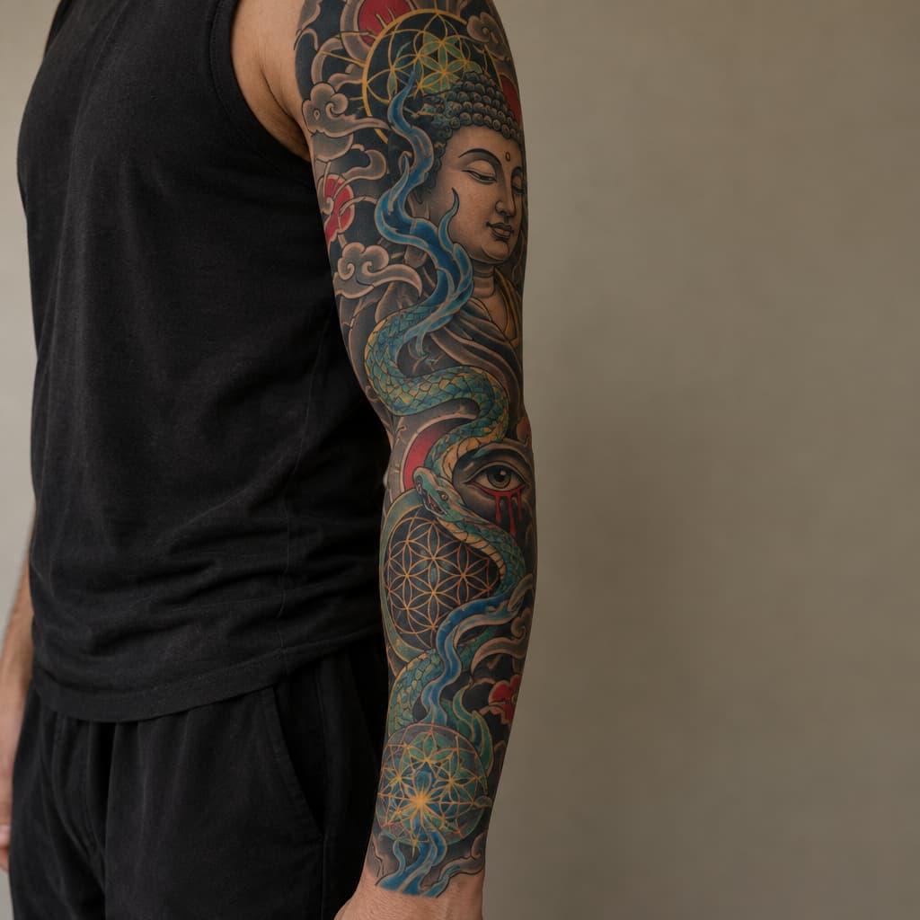 so im looking to make a tattoo sleeve for my left forearm but I want it to not look cut off and unfinished on my arm. I want it to have a certain flow that my tattoo artist can align with my anatomy, like my arm flow. im fairly spiritual and psychedelically influenced. I love hindu/indian, Japanese artwork. I like the psychedelic artwork of Alex grey. a concept that resonates with me is the spirit of a fire of purification. the concept of buddhas smile of unbearable compassion where you can see the beauty and the suffering of things. I want something that maybe articulates the battlefield of the mind, the fear that's fighting for its life and the love that's telling me to let go and that it's safe. something that's. like I have all these concepts and no depiction, because I don't want the Pinterest special. if I could pick a style it'd be Neo-japanese/geometric/surreal/psychedelic. another tattoo artist of inspiration is marshology on instagram. i want spiritual geometry like the flower of life but again I want flow to it, but maybe some definitive structure. there can be more other spiritual geometry incorporated. one of the main things is that I want this to be something that I can wear like skin, I don't want it to be an absolute statement piece, but I want something dope. I want to add elements of color but on blue and green really, if there's a fire of purification, I want blue flames sort of deal. maybe a snake or something could be cool and make it like kundalini sort of thing. again I want to be able to wear it comfortably like skin, I don't want to be embarrassed because I have some bullshit on my arm. maybe we can add in an bleeding eye or something, not essential. im trying to describe an over all vibe that I want simplified into something I can wear. I don't want to much imagery. my goal in this was to describe my vibe and I want that depicted in a sleeve. keep it interesting but not cluttered.