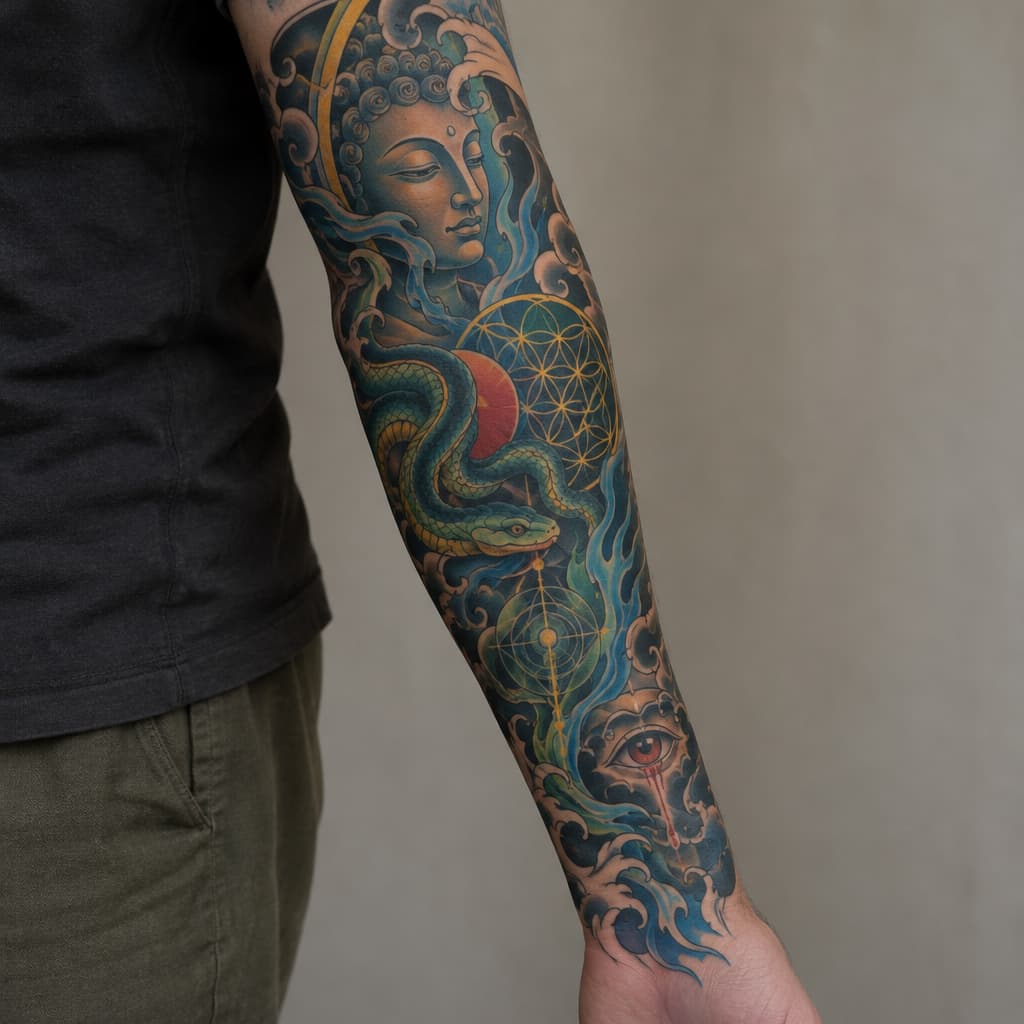so im looking to make a tattoo sleeve for my left forearm but I want it to not look cut off and unfinished on my arm. I want it to have a certain flow that my tattoo artist can align with my anatomy, like my arm flow. im fairly spiritual and psychedelically influenced. I love hindu/indian, Japanese artwork. I like the psychedelic artwork of Alex grey. a concept that resonates with me is the spirit of a fire of purification. the concept of buddhas smile of unbearable compassion where you can see the beauty and the suffering of things. I want something that maybe articulates the battlefield of the mind, the fear that's fighting for its life and the love that's telling me to let go and that it's safe. something that's. like I have all these concepts and no depiction, because I don't want the Pinterest special. if I could pick a style it'd be Neo-japanese/geometric/surreal/psychedelic. another tattoo artist of inspiration is marshology on instagram. i want spiritual geometry like the flower of life but again I want flow to it, but maybe some definitive structure. there can be more other spiritual geometry incorporated. one of the main things is that I want this to be something that I can wear like skin, I don't want it to be an absolute statement piece, but I want something dope. I want to add elements of color but on blue and green really, if there's a fire of purification, I want blue flames sort of deal. maybe a snake or something could be cool and make it like kundalini sort of thing. again I want to be able to wear it comfortably like skin, I don't want to be embarrassed because I have some bullshit on my arm. maybe we can add in an bleeding eye or something, not essential. im trying to describe an over all vibe that I want simplified into something I can wear. I don't want to much imagery. my goal in this was to describe my vibe and I want that depicted in a sleeve. keep it interesting but not cluttered.