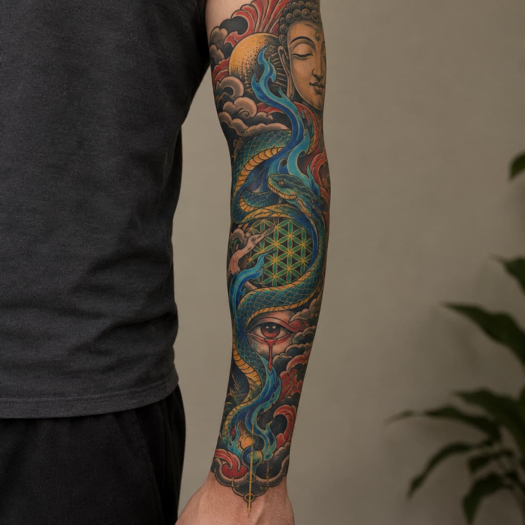 so im looking to make a tattoo sleeve for my left forearm but I want it to not look cut off and unfinished on my arm. I want it to have a certain flow that my tattoo artist can align with my anatomy, like my arm flow. im fairly spiritual and psychedelically influenced. I love hindu/indian, Japanese artwork. I like the psychedelic artwork of Alex grey. a concept that resonates with me is the spirit of a fire of purification. the concept of buddhas smile of unbearable compassion where you can see the beauty and the suffering of things. I want something that maybe articulates the battlefield of the mind, the fear that's fighting for its life and the love that's telling me to let go and that it's safe. something that's. like I have all these concepts and no depiction, because I don't want the Pinterest special. if I could pick a style it'd be Neo-japanese/geometric/surreal/psychedelic. another tattoo artist of inspiration is marshology on instagram. i want spiritual geometry like the flower of life but again I want flow to it, but maybe some definitive structure. there can be more other spiritual geometry incorporated. one of the main things is that I want this to be something that I can wear like skin, I don't want it to be an absolute statement piece, but I want something dope. I want to add elements of color but on blue and green really, if there's a fire of purification, I want blue flames sort of deal. maybe a snake or something could be cool and make it like kundalini sort of thing. again I want to be able to wear it comfortably like skin, I don't want to be embarrassed because I have some bullshit on my arm. maybe we can add in an bleeding eye or something, not essential. im trying to describe an over all vibe that I want simplified into something I can wear. I don't want to much imagery. my goal in this was to describe my vibe and I want that depicted in a sleeve. keep it interesting but not cluttered.