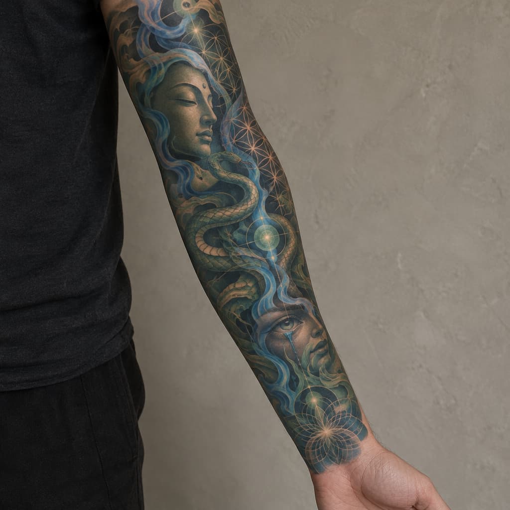 so im looking to make a tattoo sleeve for my left forearm but I want it to not look cut off and unfinished on my arm. I want it to have a certain flow that my tattoo artist can align with my anatomy, like my arm flow. im fairly spiritual and psychedelically influenced. I love hindu/indian, Japanese artwork. I like the psychedelic artwork of Alex grey. a concept that resonates with me is the spirit of a fire of purification. the concept of buddhas smile of unbearable compassion where you can see the beauty and the suffering of things. I want something that maybe articulates the battlefield of the mind, the fear that's fighting for its life and the love that's telling me to let go and that it's safe. something that's. like I have all these concepts and no depiction, because I don't want the Pinterest special. if I could pick a style it'd be Neo-japanese/geometric/surreal/psychedelic. another tattoo artist of inspiration is marshology on instagram. i want spiritual geometry like the flower of life but again I want flow to it, but maybe some definitive structure. there can be more other spiritual geometry incorporated. one of the main things is that I want this to be something that I can wear like skin, I don't want it to be an absolute statement piece, but I want something dope. I want to add elements of color but on blue and green really, if there's a fire of purification, I want blue flames sort of deal. maybe a snake or something could be cool and make it like kundalini sort of thing. again I want to be able to wear it comfortably like skin, I don't want to be embarrassed because I have some bullshit on my arm. maybe we can add in an bleeding eye or something, not essential. im trying to describe an over all vibe that I want simplified into something I can wear. I don't want to much imagery. my goal in this was to describe my vibe and I want that depicted in a sleeve. keep it interesting but not cluttered.