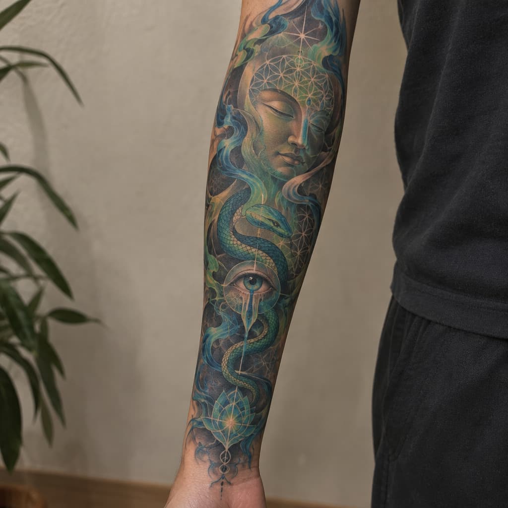 so im looking to make a tattoo sleeve for my left forearm but I want it to not look cut off and unfinished on my arm. I want it to have a certain flow that my tattoo artist can align with my anatomy, like my arm flow. im fairly spiritual and psychedelically influenced. I love hindu/indian, Japanese artwork. I like the psychedelic artwork of Alex grey. a concept that resonates with me is the spirit of a fire of purification. the concept of buddhas smile of unbearable compassion where you can see the beauty and the suffering of things. I want something that maybe articulates the battlefield of the mind, the fear that's fighting for its life and the love that's telling me to let go and that it's safe. something that's. like I have all these concepts and no depiction, because I don't want the Pinterest special. if I could pick a style it'd be Neo-japanese/geometric/surreal/psychedelic. another tattoo artist of inspiration is marshology on instagram. i want spiritual geometry like the flower of life but again I want flow to it, but maybe some definitive structure. there can be more other spiritual geometry incorporated. one of the main things is that I want this to be something that I can wear like skin, I don't want it to be an absolute statement piece, but I want something dope. I want to add elements of color but on blue and green really, if there's a fire of purification, I want blue flames sort of deal. maybe a snake or something could be cool and make it like kundalini sort of thing. again I want to be able to wear it comfortably like skin, I don't want to be embarrassed because I have some bullshit on my arm. maybe we can add in an bleeding eye or something, not essential. im trying to describe an over all vibe that I want simplified into something I can wear. I don't want to much imagery. my goal in this was to describe my vibe and I want that depicted in a sleeve. keep it interesting but not cluttered.