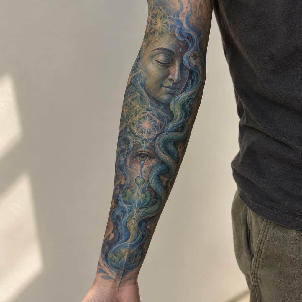 so im looking to make a tattoo sleeve for my left forearm but I want it to not look cut off and unfinished on my arm. I want it to have a certain flow that my tattoo artist can align with my anatomy, like my arm flow. im fairly spiritual and psychedelically influenced. I love hindu/indian, Japanese artwork. I like the psychedelic artwork of Alex grey. a concept that resonates with me is the spirit of a fire of purification. the concept of buddhas smile of unbearable compassion where you can see the beauty and the suffering of things. I want something that maybe articulates the battlefield of the mind, the fear that's fighting for its life and the love that's telling me to let go and that it's safe. something that's. like I have all these concepts and no depiction, because I don't want the Pinterest special. if I could pick a style it'd be Neo-japanese/geometric/surreal/psychedelic. another tattoo artist of inspiration is marshology on instagram. i want spiritual geometry like the flower of life but again I want flow to it, but maybe some definitive structure. there can be more other spiritual geometry incorporated. one of the main things is that I want this to be something that I can wear like skin, I don't want it to be an absolute statement piece, but I want something dope. I want to add elements of color but on blue and green really, if there's a fire of purification, I want blue flames sort of deal. maybe a snake or something could be cool and make it like kundalini sort of thing. again I want to be able to wear it comfortably like skin, I don't want to be embarrassed because I have some bullshit on my arm. maybe we can add in an bleeding eye or something, not essential. im trying to describe an over all vibe that I want simplified into something I can wear. I don't want to much imagery. my goal in this was to describe my vibe and I want that depicted in a sleeve. keep it interesting but not cluttered.