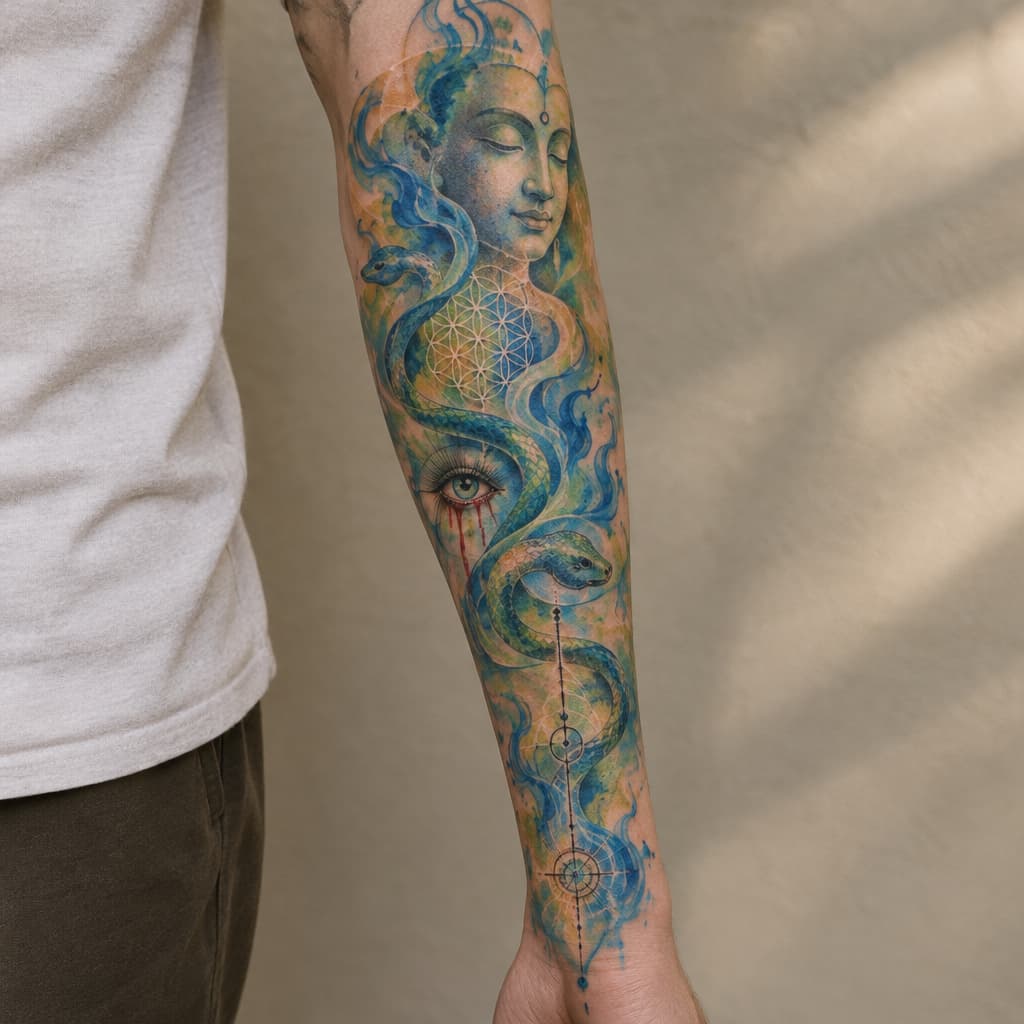 so im looking to make a tattoo sleeve for my left forearm but I want it to not look cut off and unfinished on my arm. I want it to have a certain flow that my tattoo artist can align with my anatomy, like my arm flow. im fairly spiritual and psychedelically influenced. I love hindu/indian, Japanese artwork. I like the psychedelic artwork of Alex grey. a concept that resonates with me is the spirit of a fire of purification. the concept of buddhas smile of unbearable compassion where you can see the beauty and the suffering of things. I want something that maybe articulates the battlefield of the mind, the fear that's fighting for its life and the love that's telling me to let go and that it's safe. something that's. like I have all these concepts and no depiction, because I don't want the Pinterest special. if I could pick a style it'd be Neo-japanese/geometric/surreal/psychedelic. another tattoo artist of inspiration is marshology on instagram. i want spiritual geometry like the flower of life but again I want flow to it, but maybe some definitive structure. there can be more other spiritual geometry incorporated. one of the main things is that I want this to be something that I can wear like skin, I don't want it to be an absolute statement piece, but I want something dope. I want to add elements of color but on blue and green really, if there's a fire of purification, I want blue flames sort of deal. maybe a snake or something could be cool and make it like kundalini sort of thing. again I want to be able to wear it comfortably like skin, I don't want to be embarrassed because I have some bullshit on my arm. maybe we can add in an bleeding eye or something, not essential. im trying to describe an over all vibe that I want simplified into something I can wear. I don't want to much imagery. my goal in this was to describe my vibe and I want that depicted in a sleeve. keep it interesting but not cluttered.