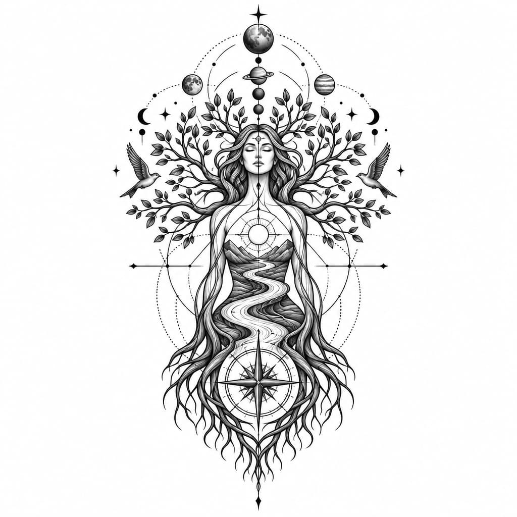 Geo metric tree of life shaped as a women with a river , birds , compass , planets