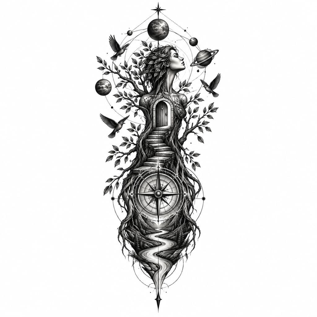 Geometric Tree of life resembling a women with wooden steps leading up to a door, compass, birds, river, planets, with lines