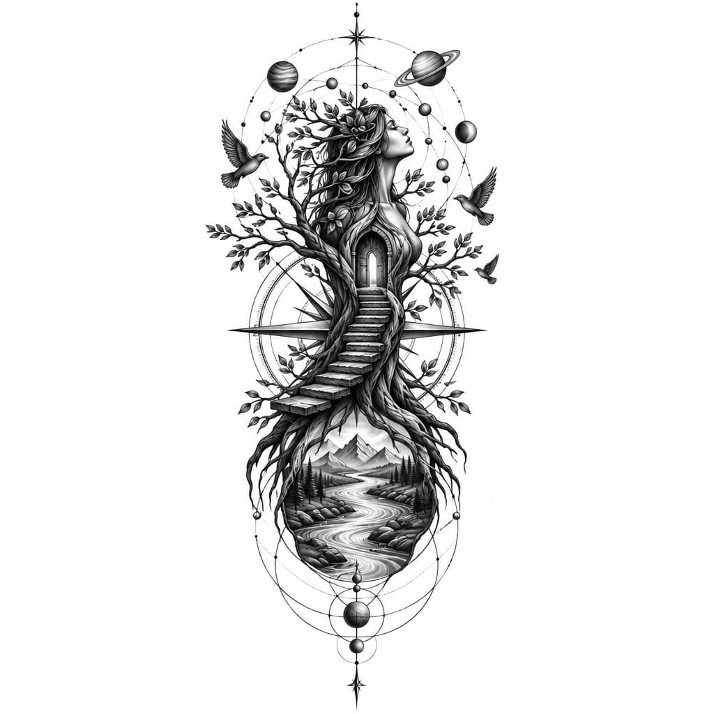 Geometric Tree of life resembling a women with wooden steps leading up to a door, compass, birds, river, planets, with lines