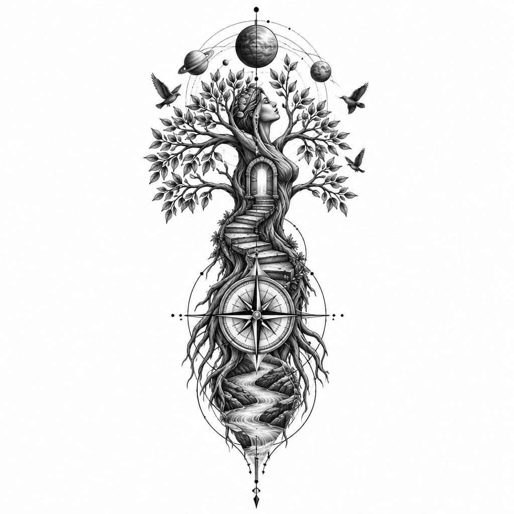 Geometric Tree of life resembling a women with wooden steps leading up to a door, compass, birds, river, planets, with lines