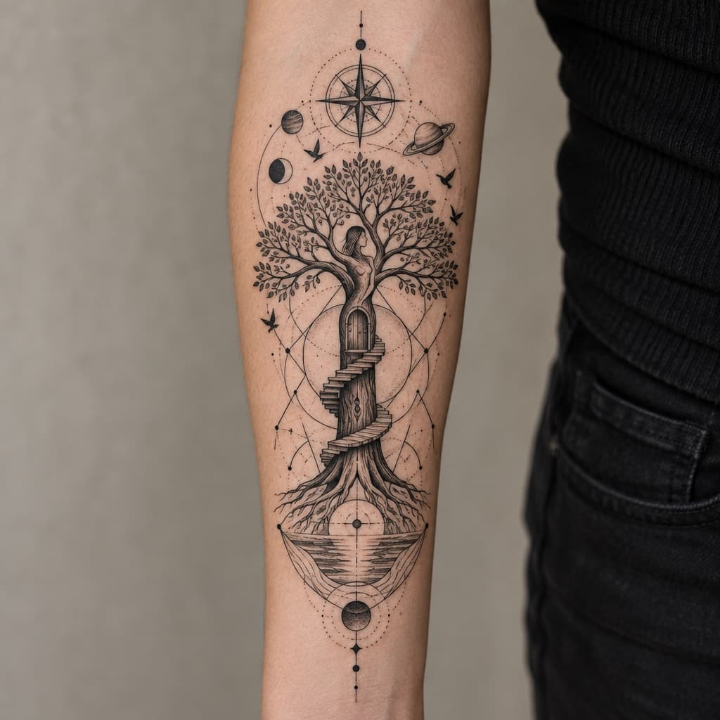 geometric forearm tree tattoo that trunk has shape of a girl and wooden steps going around tree leading to a door, birds, compass, water, planets, lines
