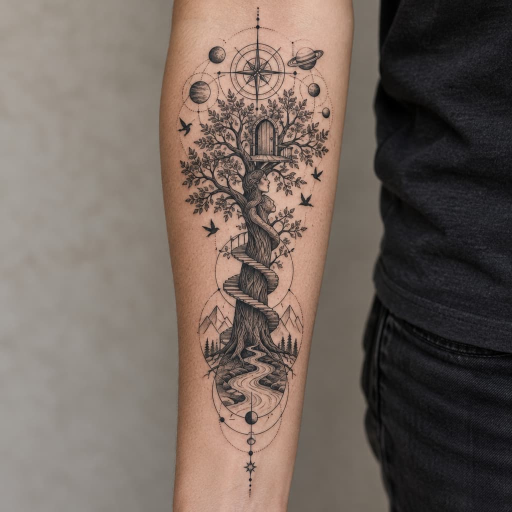 geometric forearm tree tattoo that trunk has shape of a girl and wooden steps going around tree leading to a door, birds, compass, river, planets, lines