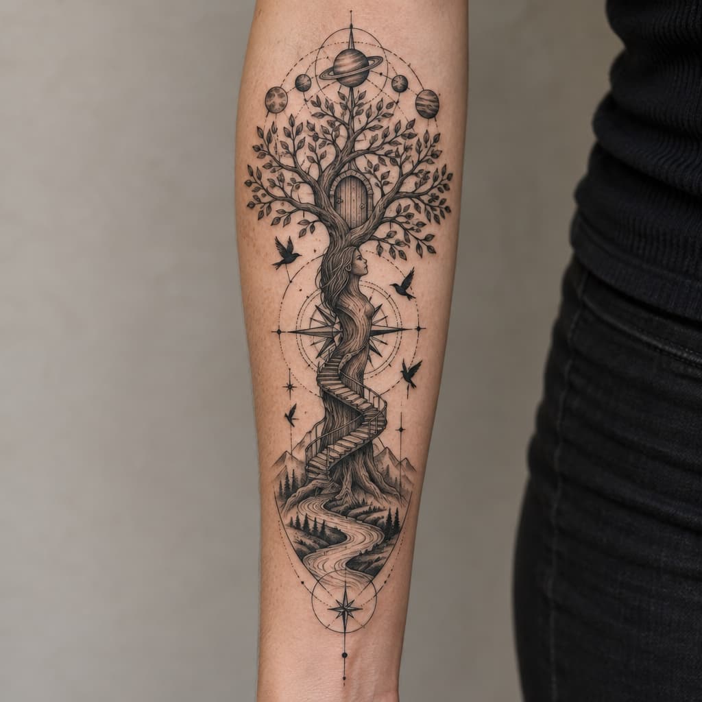 geometric forearm tree tattoo that trunk has shape of a girl and wooden steps going around tree leading to a door, birds, compass, river, planets, lines