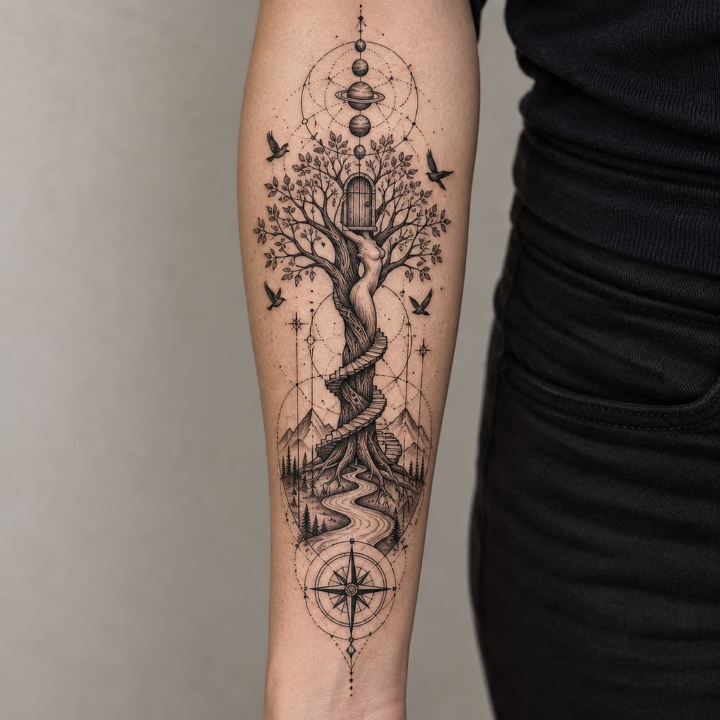 geometric forearm tree tattoo that trunk has shape of a girl and wooden steps going around tree leading to a door, birds, compass, river, planets, lines
